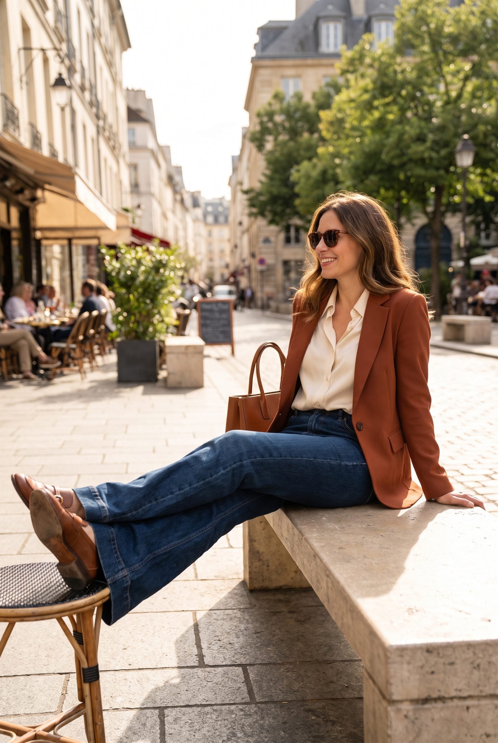 Woman in dark indigo floor-length flared jeans and ecru blazer, hem buckling across tan loafer vamps and touching the floor.