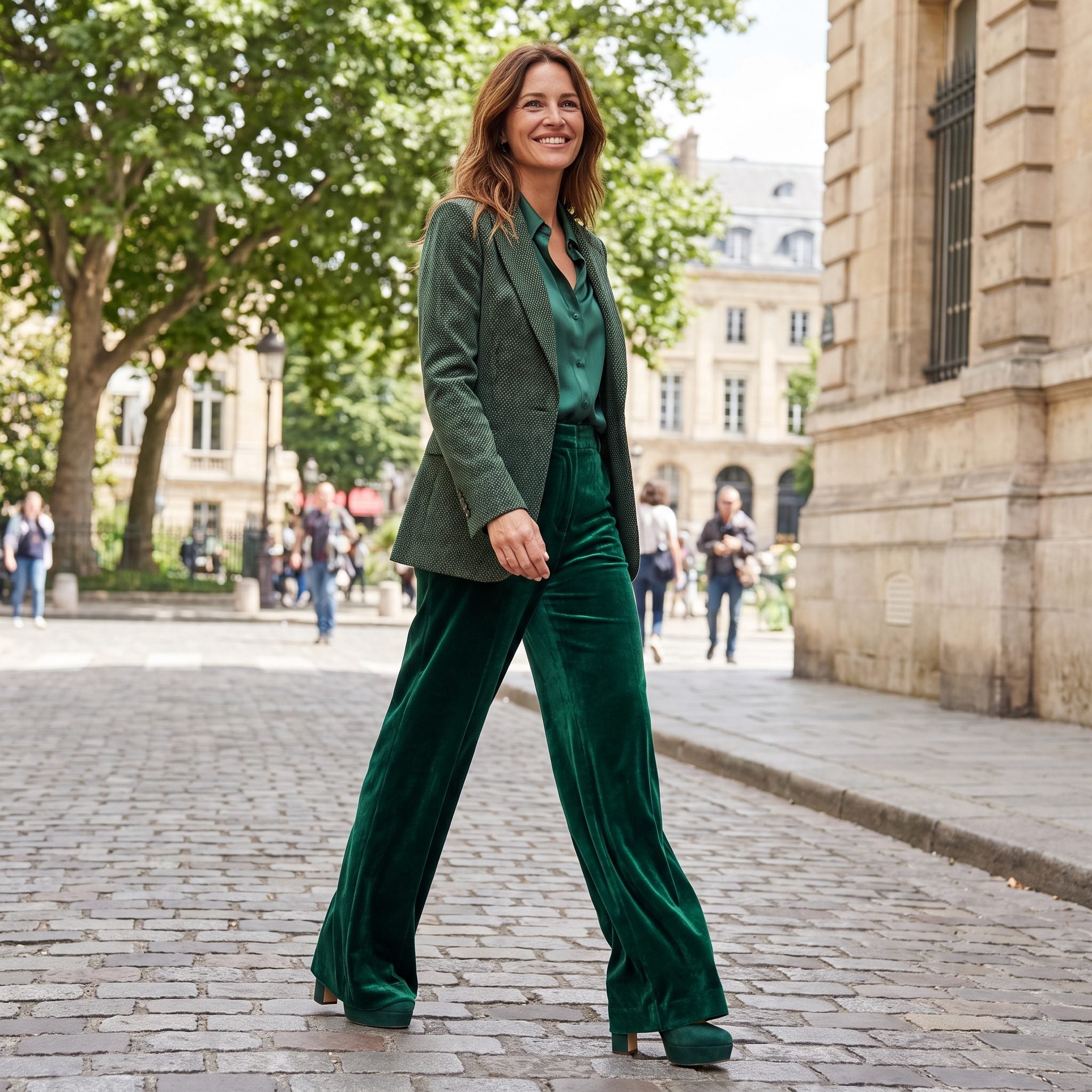 Floor-Length Velvet Trousers + Platform Heels