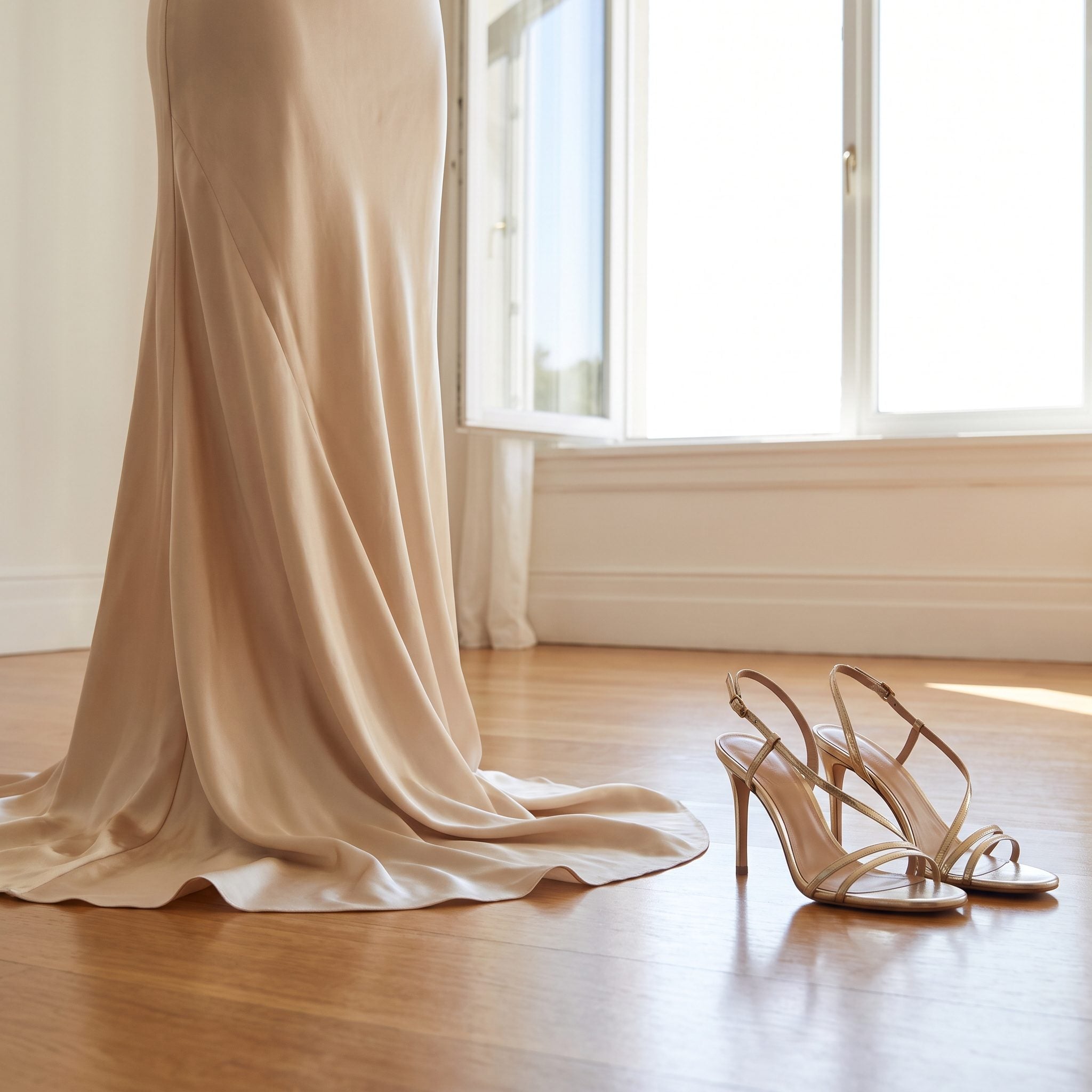 Floor-Skimming Bias-Cut Satin Dress + Barely-There Heeled Sandals