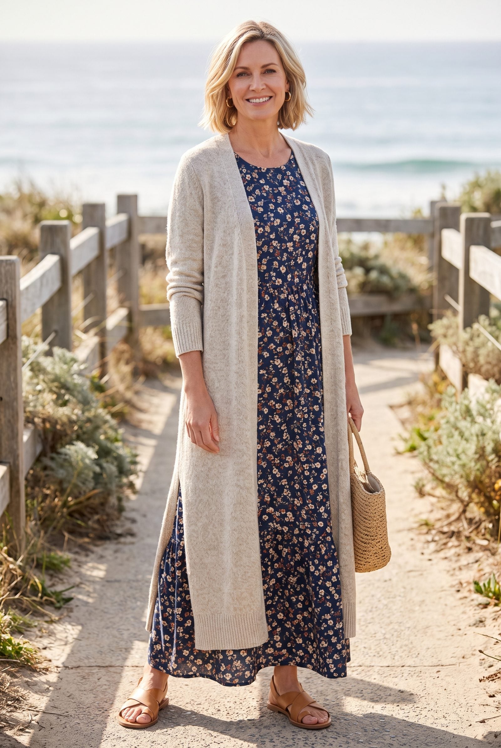 Woman in a navy floral maxi dress under a floor-length oatmeal duster cardigan, both hems meeting at the ankle.