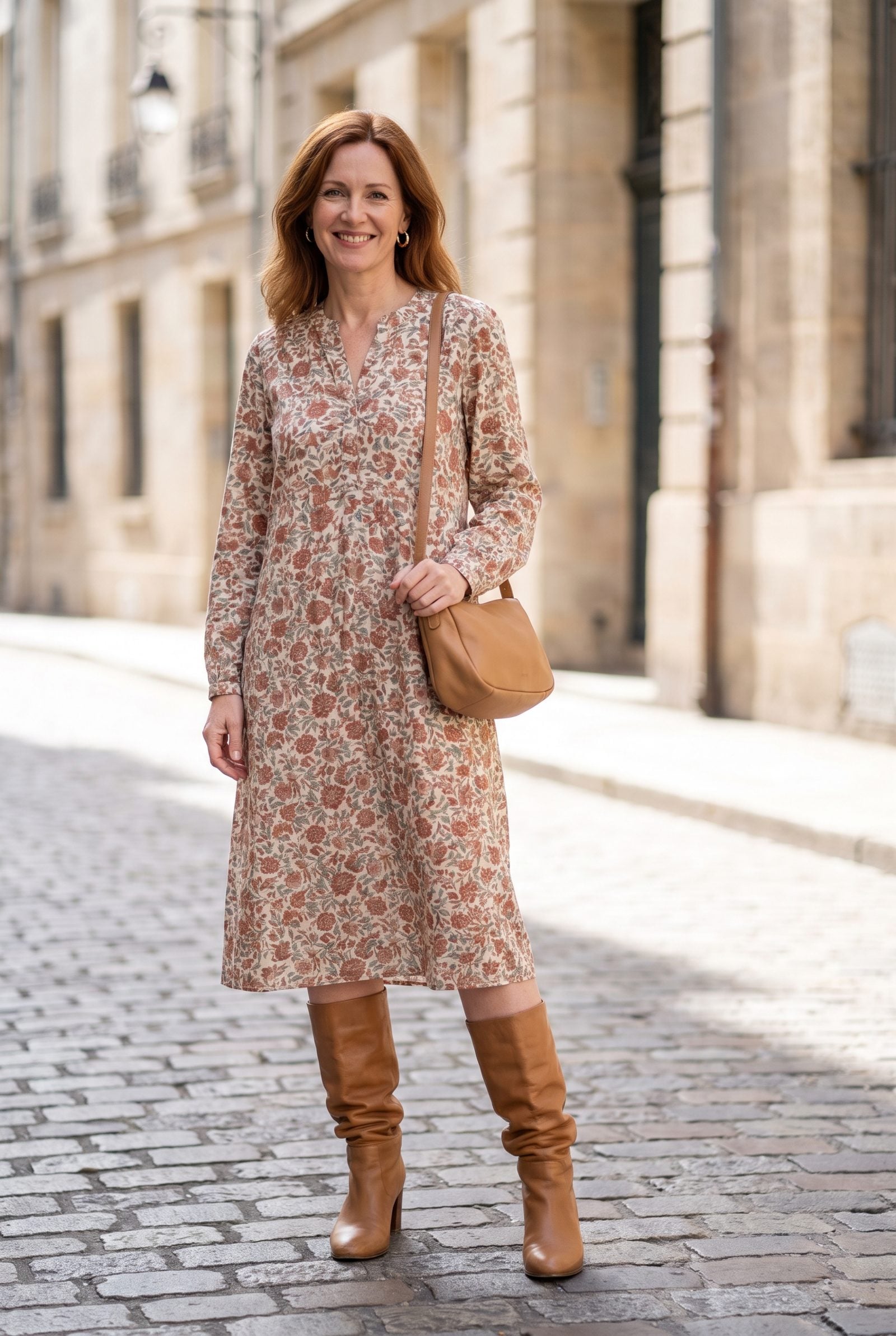 Woman in a floral midi dress and tan slouchy knee boots, with a bare band of leg between the hem and the boot tops.