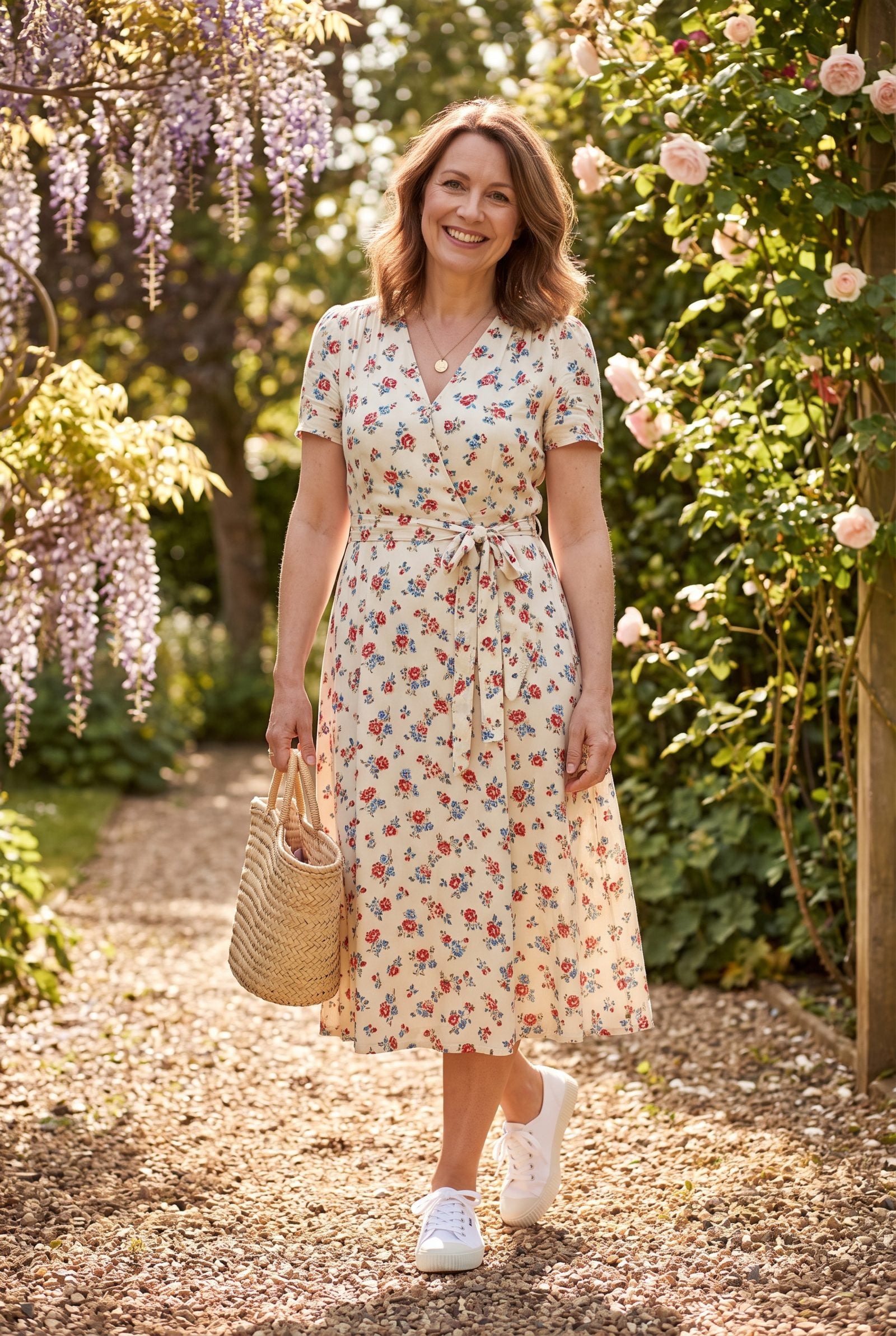 Floral Tea Dress With Clean Canvas Plimsolls: Chic