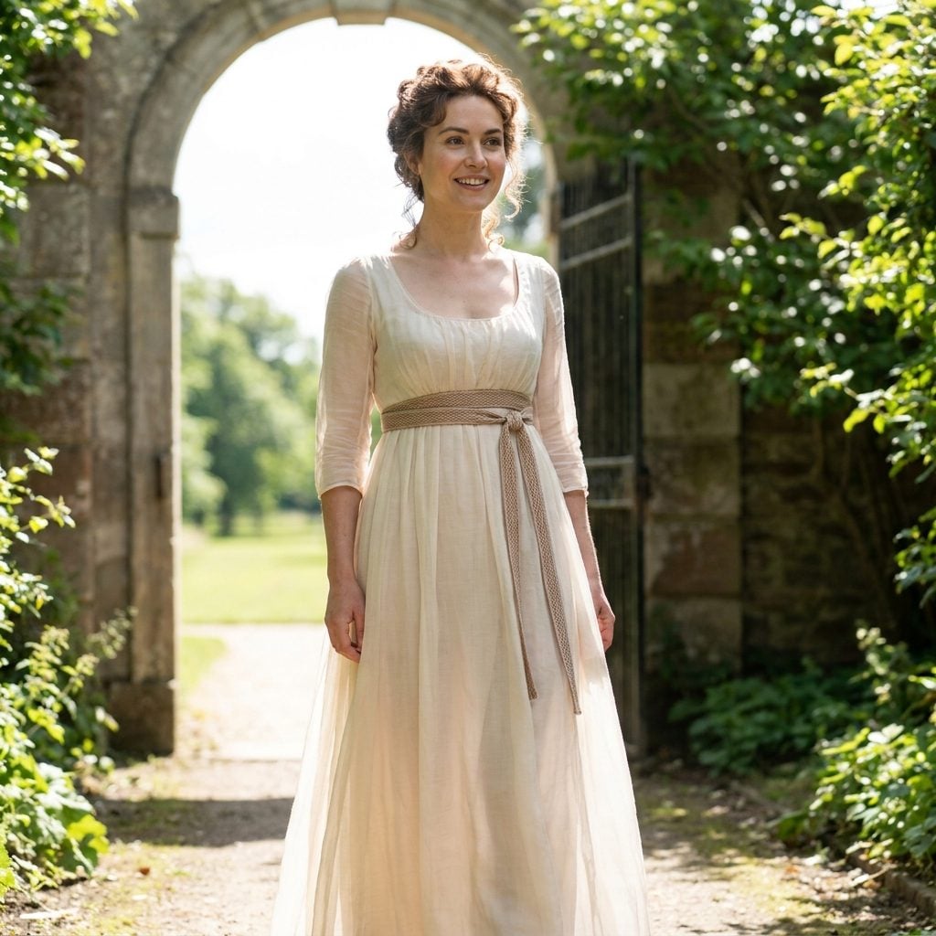Woman in a dusty-rose empire-waist dress with a thin belt placed below the high empire seam, creating a second waistline.