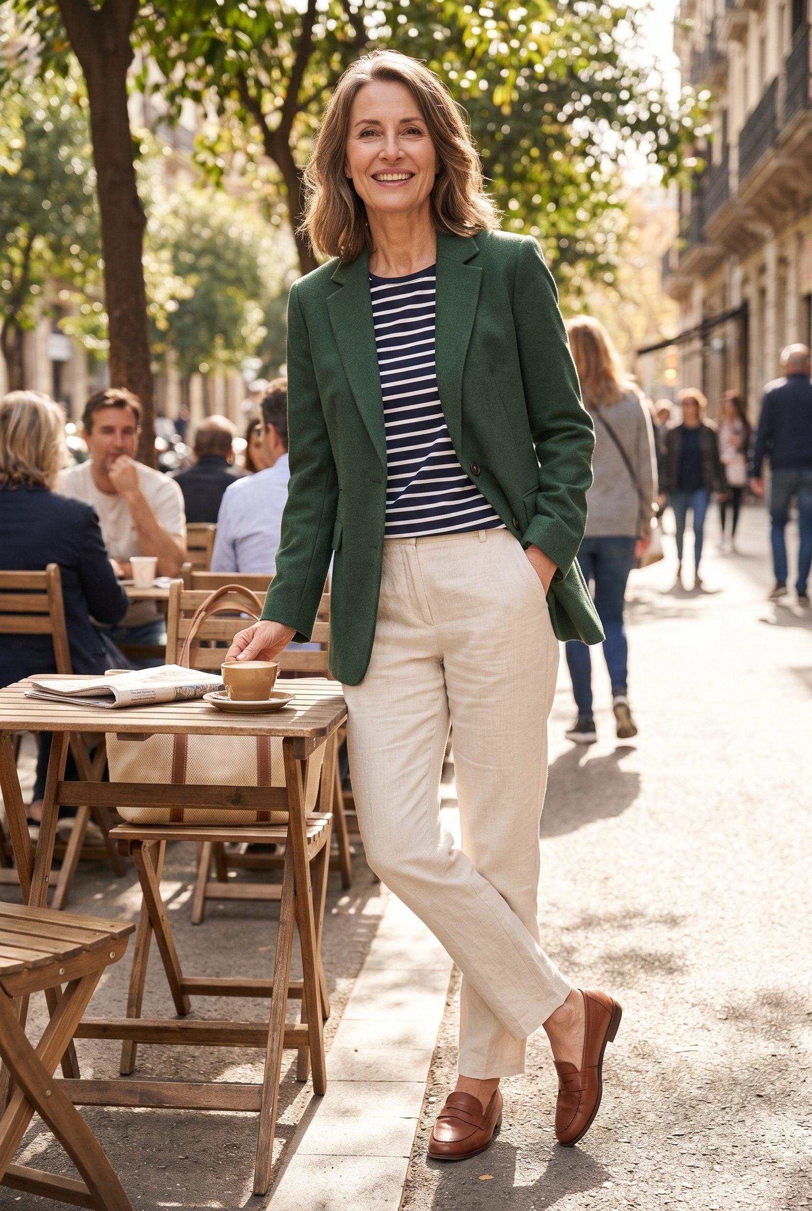 Forest Green Blazer Over a Striped Tee and Ecru Trousers