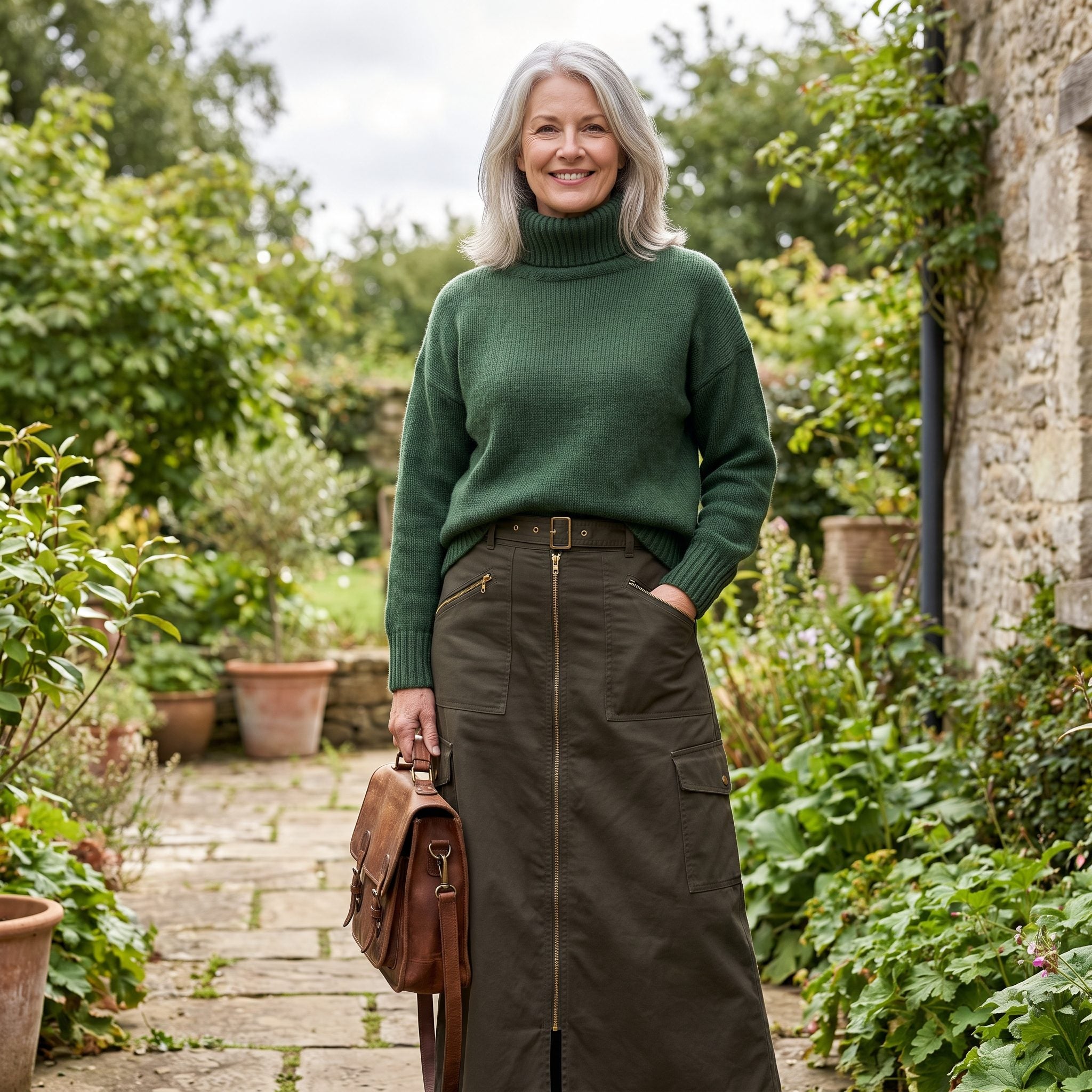 Forest-Green Turtleneck With a Utility Maxi Skirt