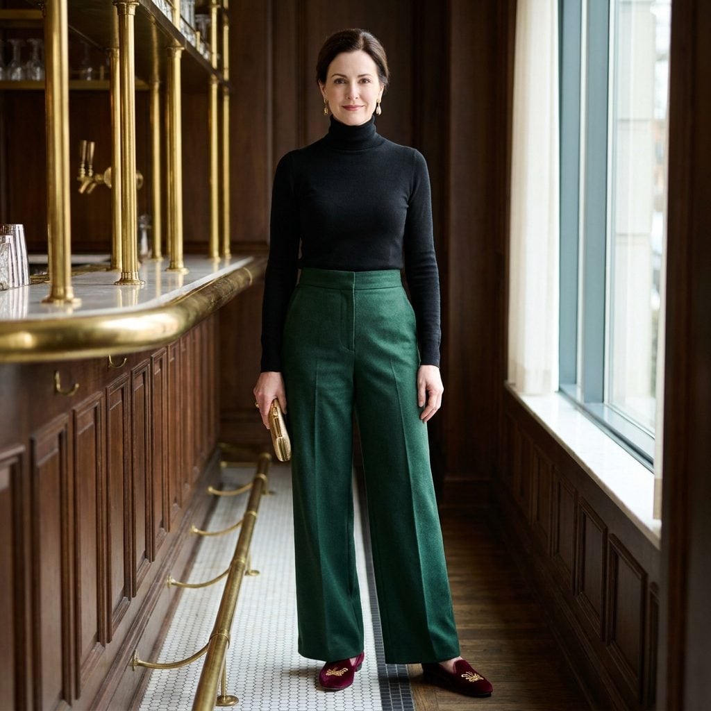 Forest Green Wide-Leg Trousers + Burgundy Velvet Smoking Slippers
