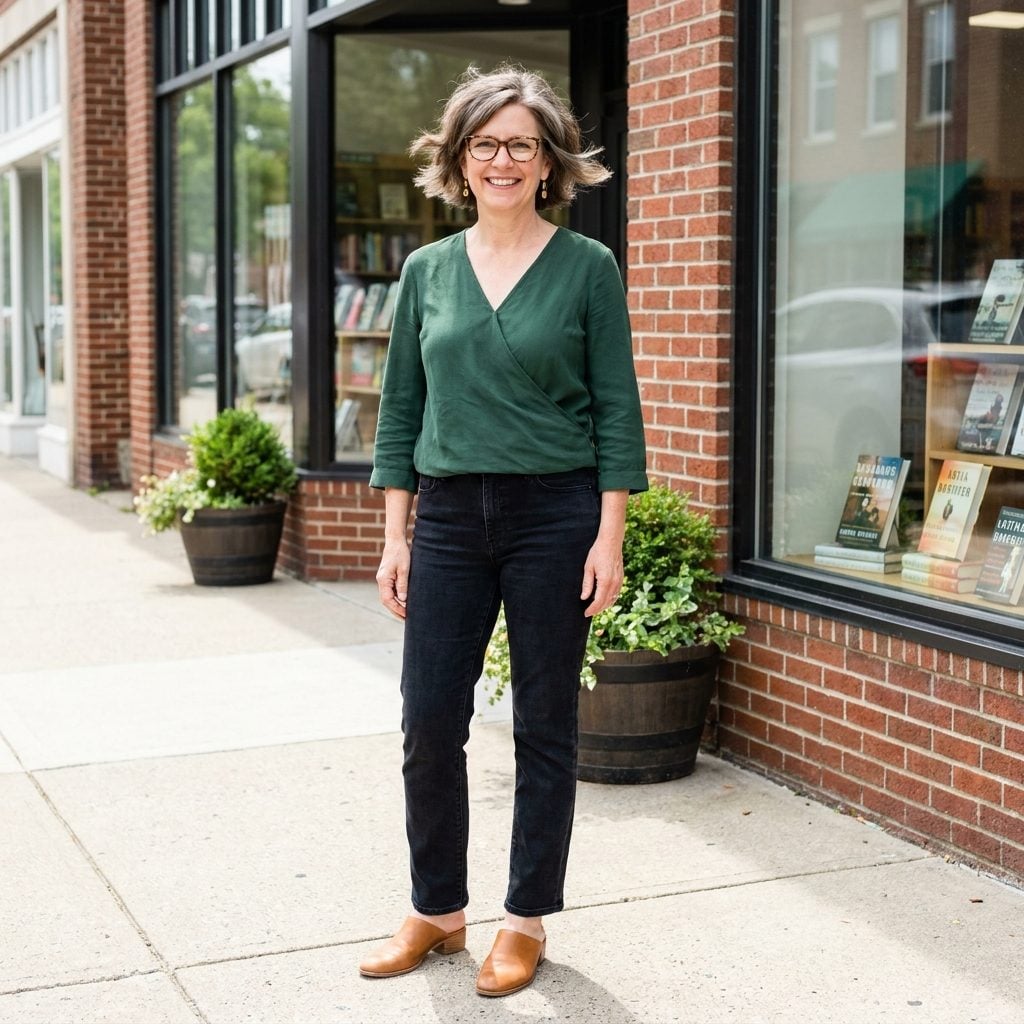 Woman in tortoiseshell glasses with a short bob flipping outward where hair meets the frame arms.