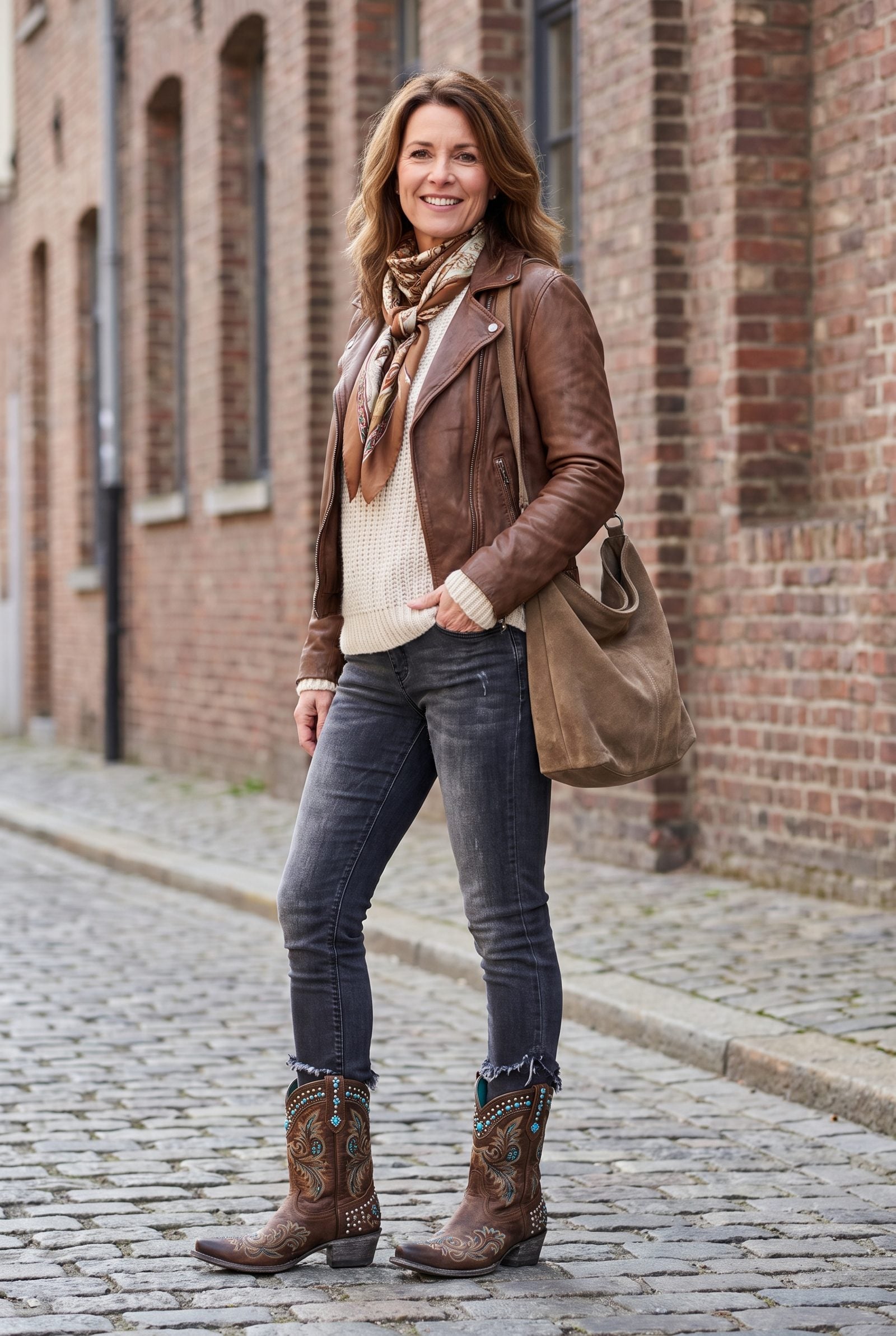 Woman in black frayed-hem skinny jeans and studded black ankle booties, detail stacking at the ankle.