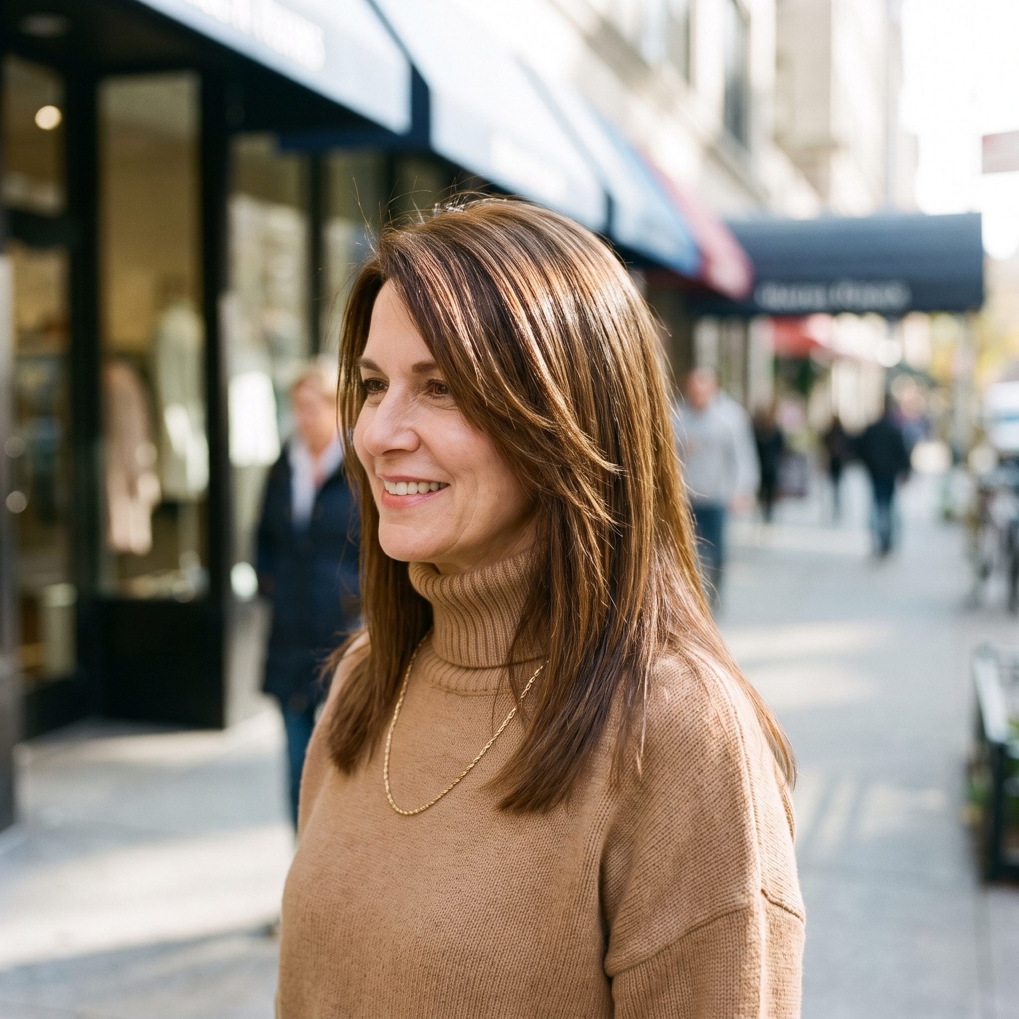 Woman with straight fine chestnut hair whose front layers are cut much shorter than the back, creating an accidental