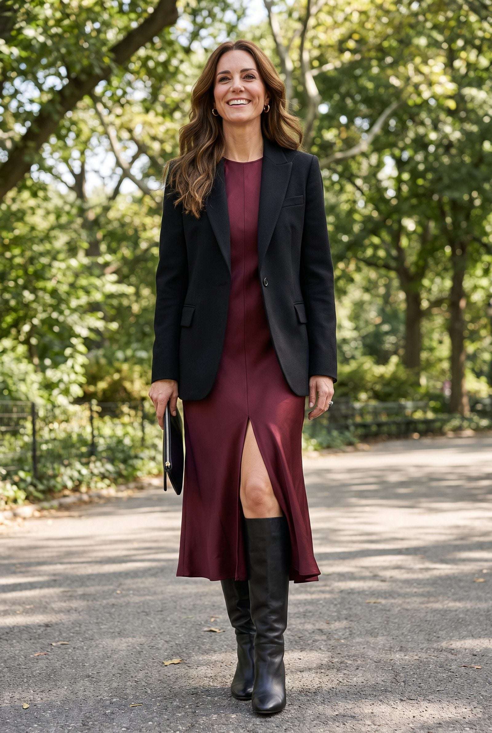 Woman in a burgundy front-slit midi dress and black knee boots, the slit framing an exposed patch of knee above the boot.