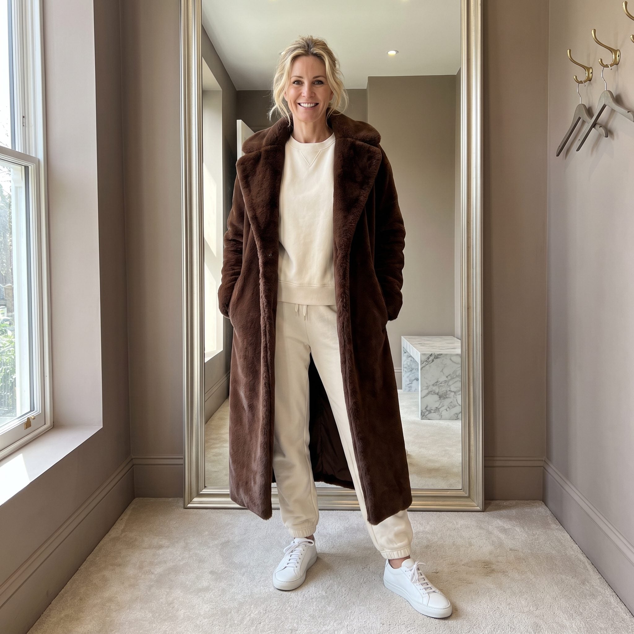 Full-Length Faux-Fur Coat + Tracksuit