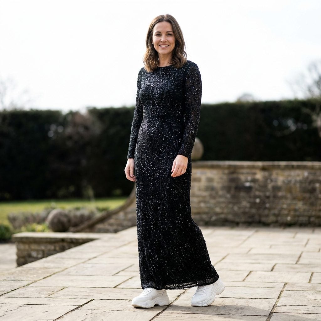 Woman in a beaded navy floor-length evening gown with thick everyday white dad sneakers visible beneath the hem.
