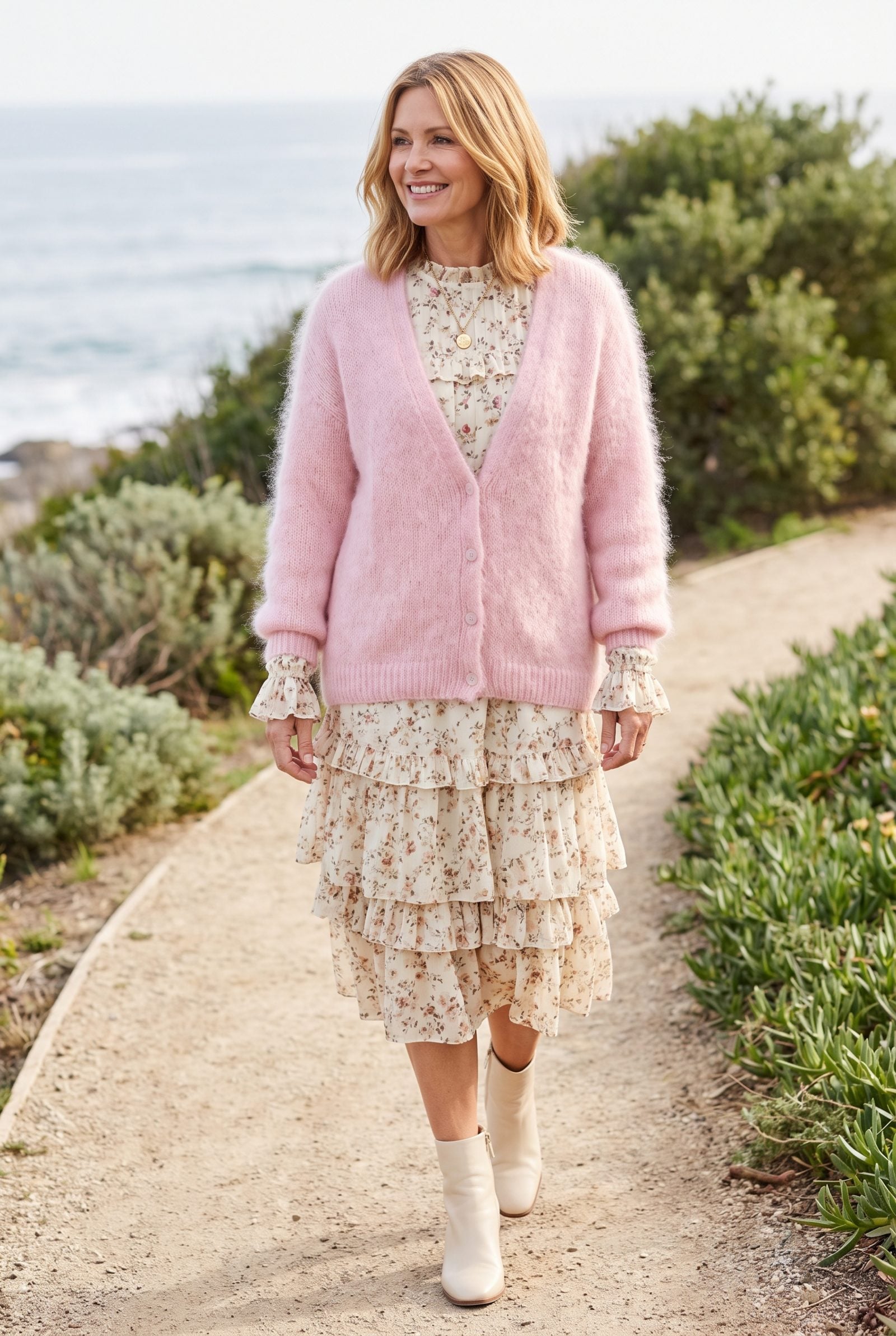 Woman in a cream ruffled prairie dress under a fuzzy pink mohair cardigan whose halo of fibers blurs the crisp ruffle