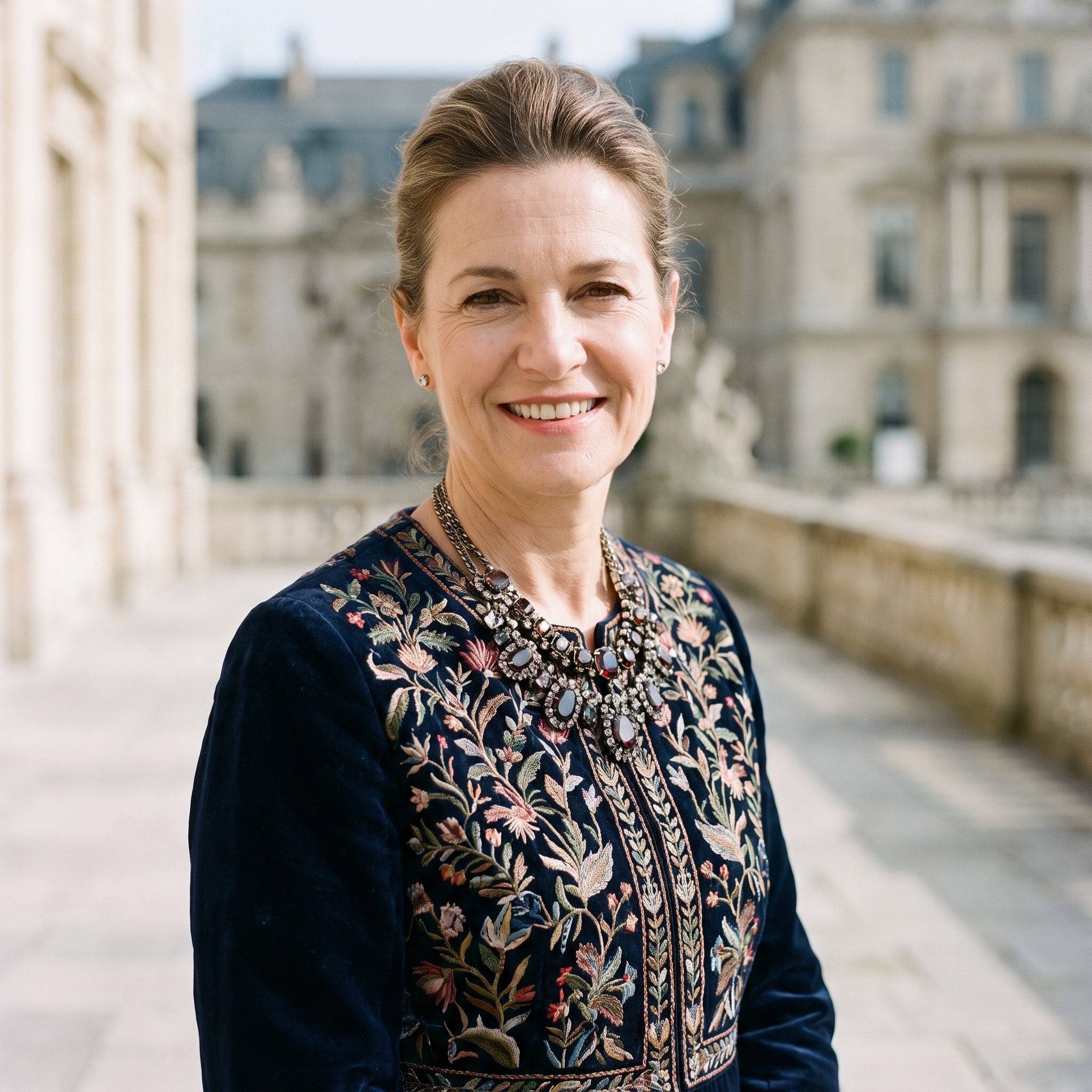 Woman in a navy embroidered jacket wearing a detailed gemstone necklace over the botanical threadwork.