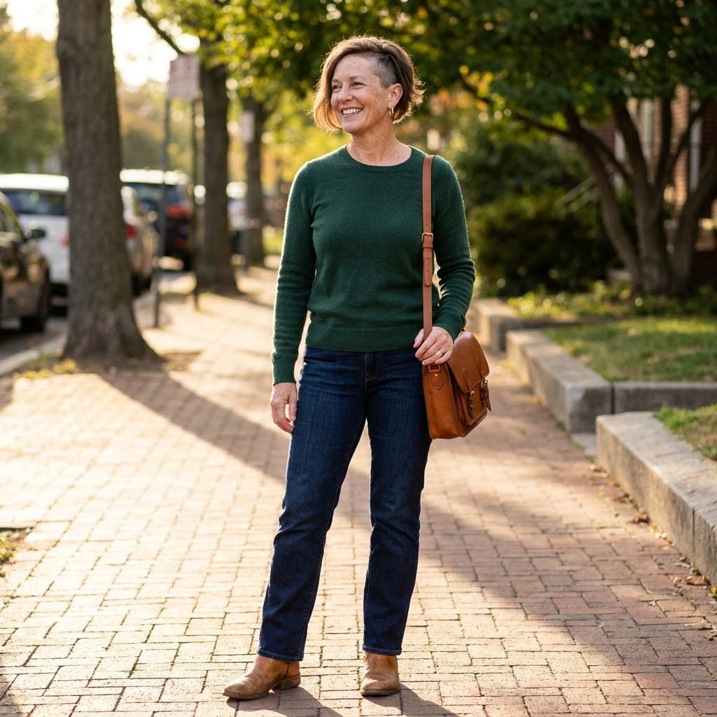 Woman in a forest-green sweater and indigo jeans with a shaved undercut section beneath a longer top layer.