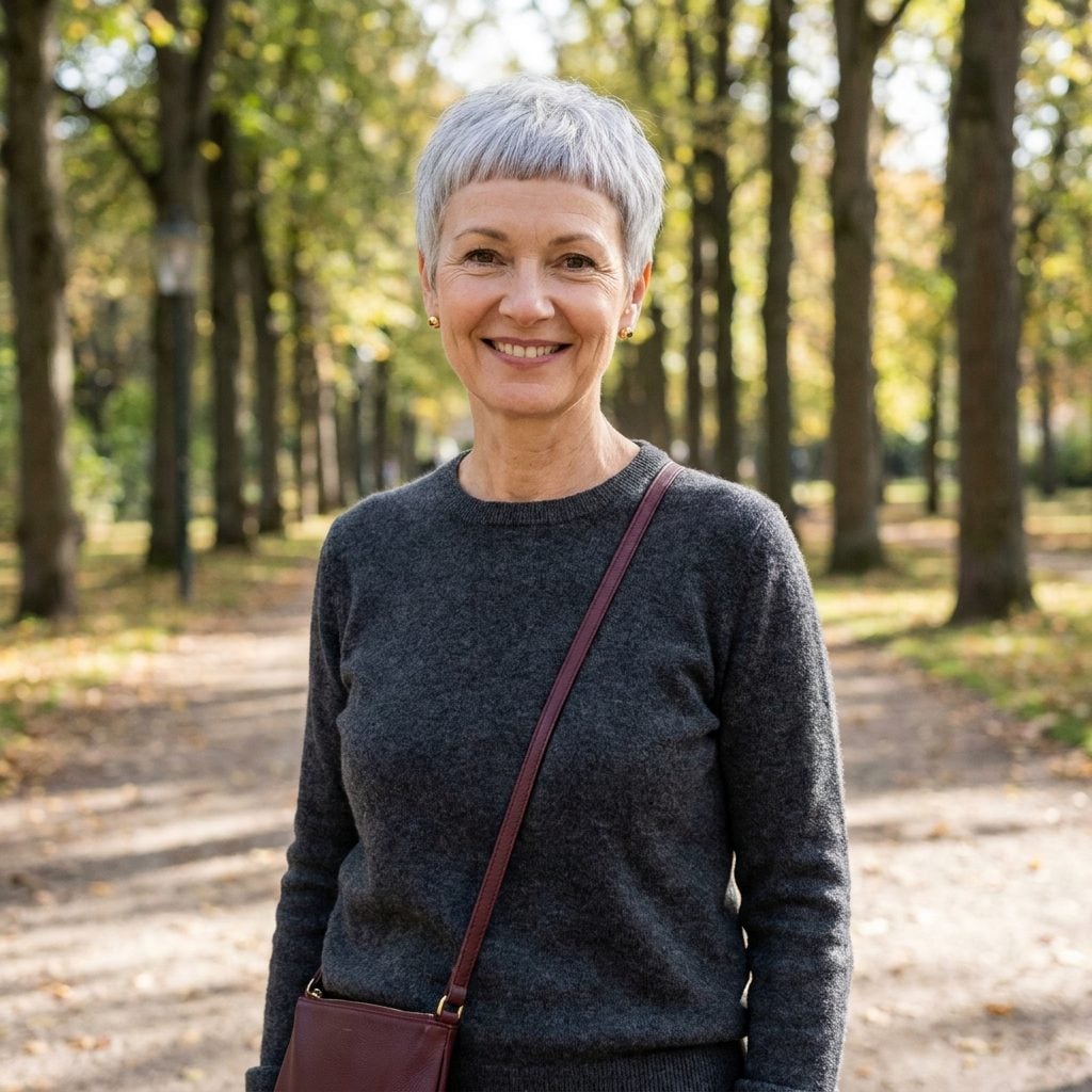 Woman with a silver pixie and a micro fringe sitting two inches above her eyebrows.