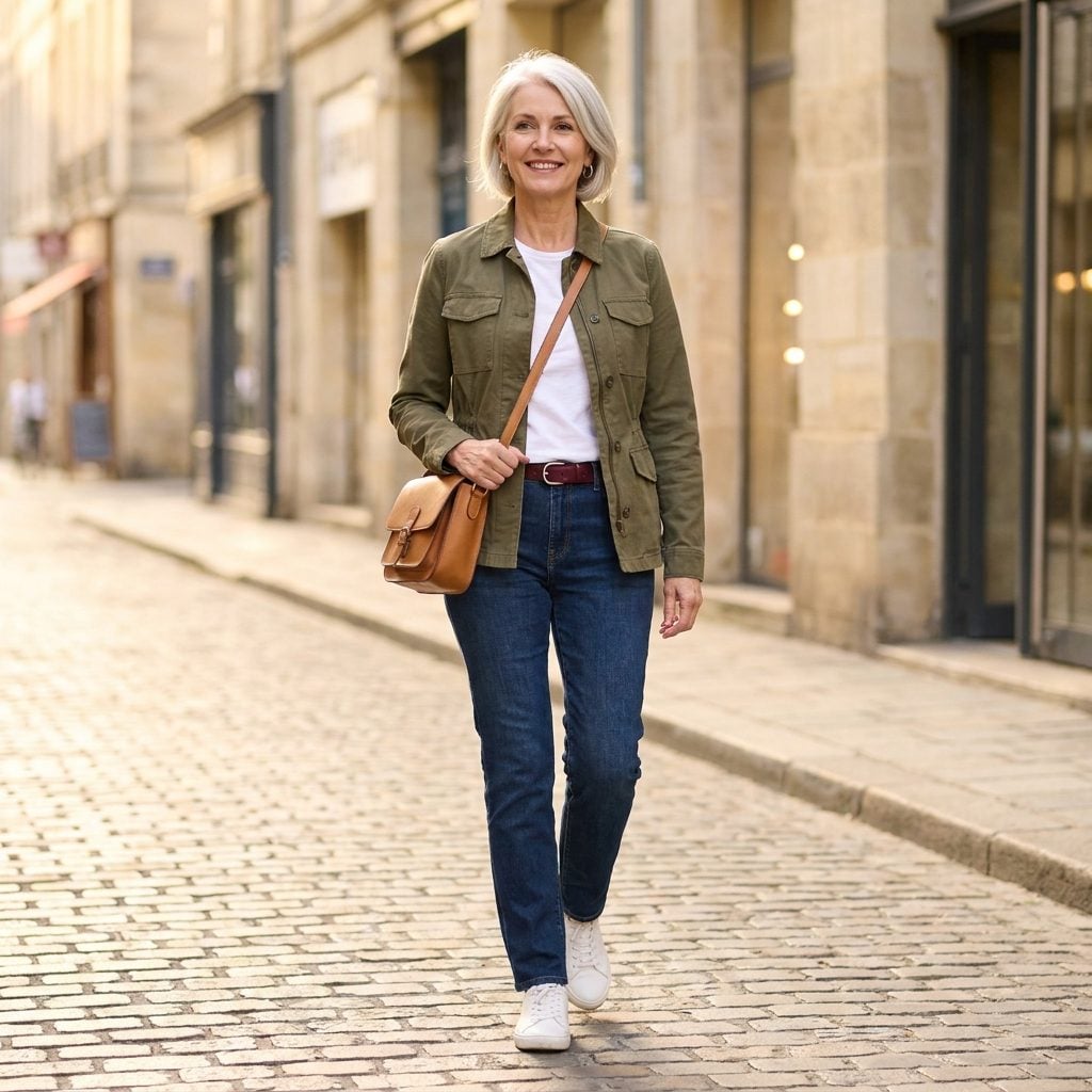 Woman aged 54 with silver hair at a grown-out transitional length, olive jacket and white tee, longer sections tucked behind