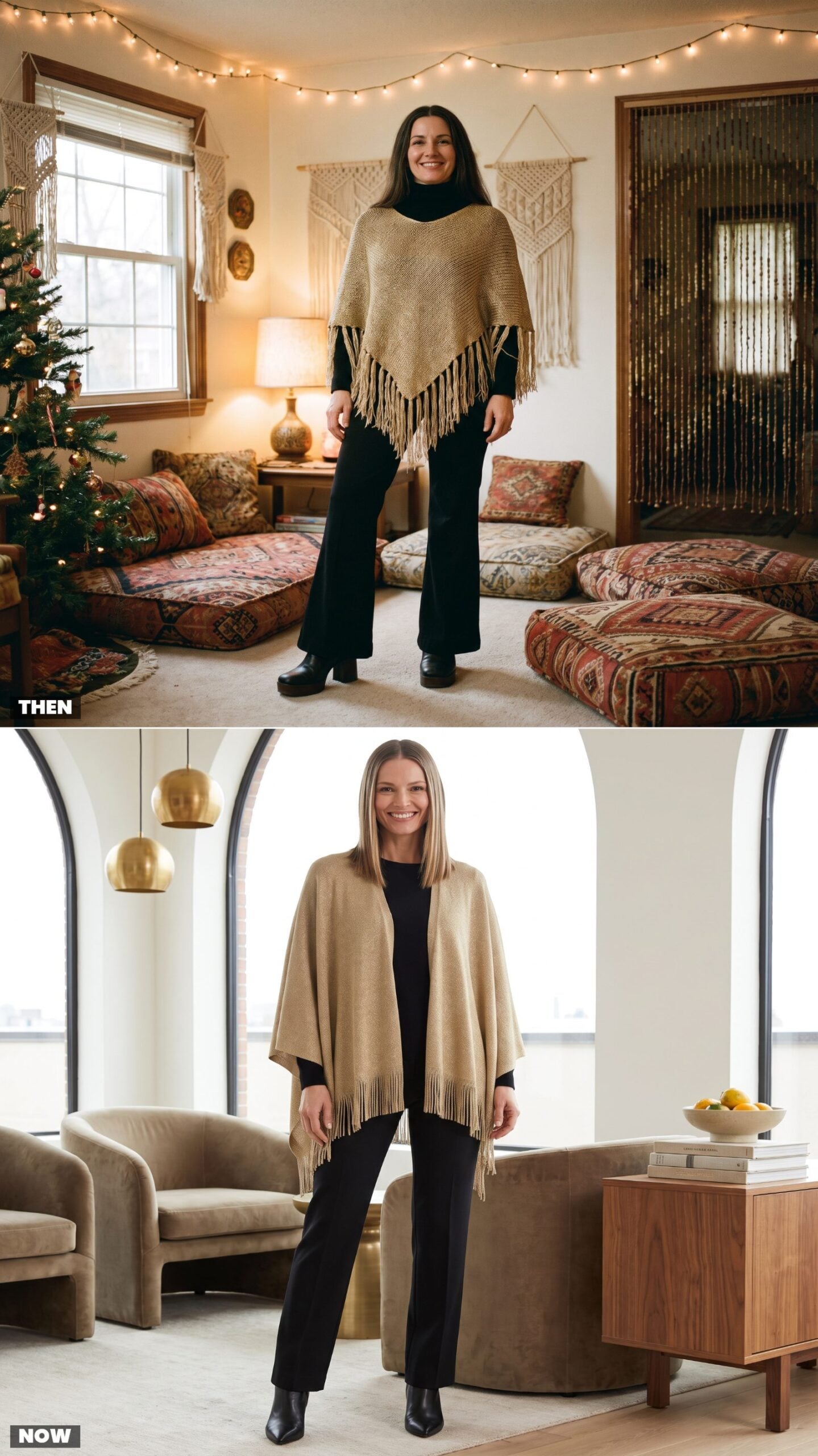 The Gold Fringe Poncho Over Black Trousers