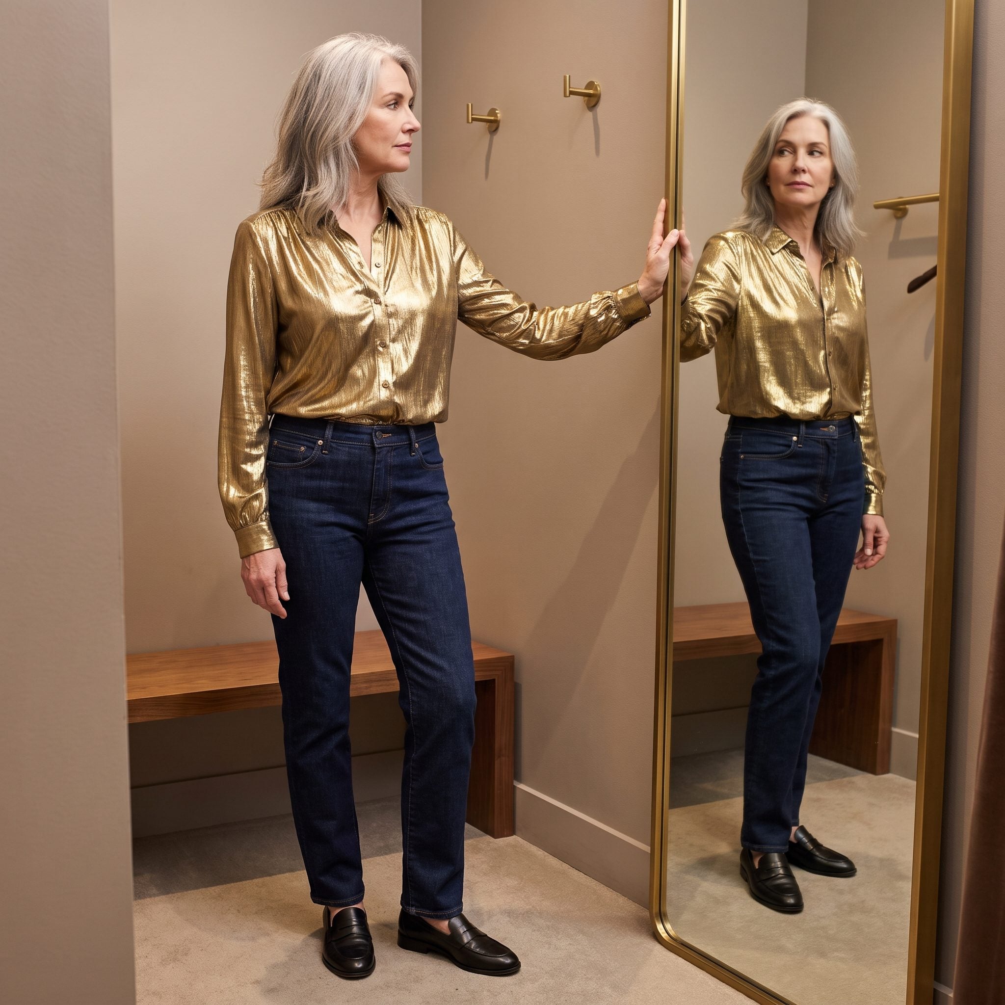 Gold Lamé Blouse + Dark Jeans