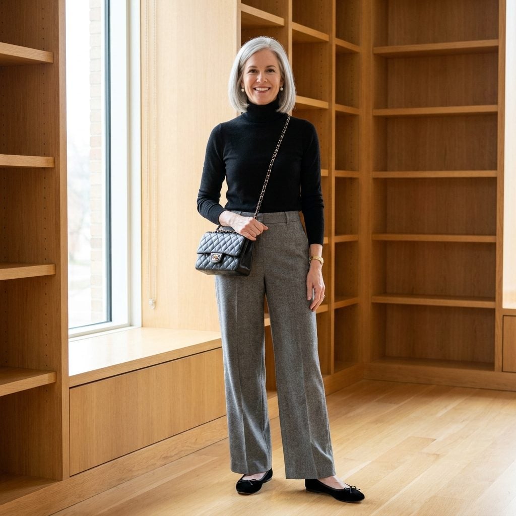 Gray Flannel Wide-Leg Trousers + Black Velvet Bow Flats