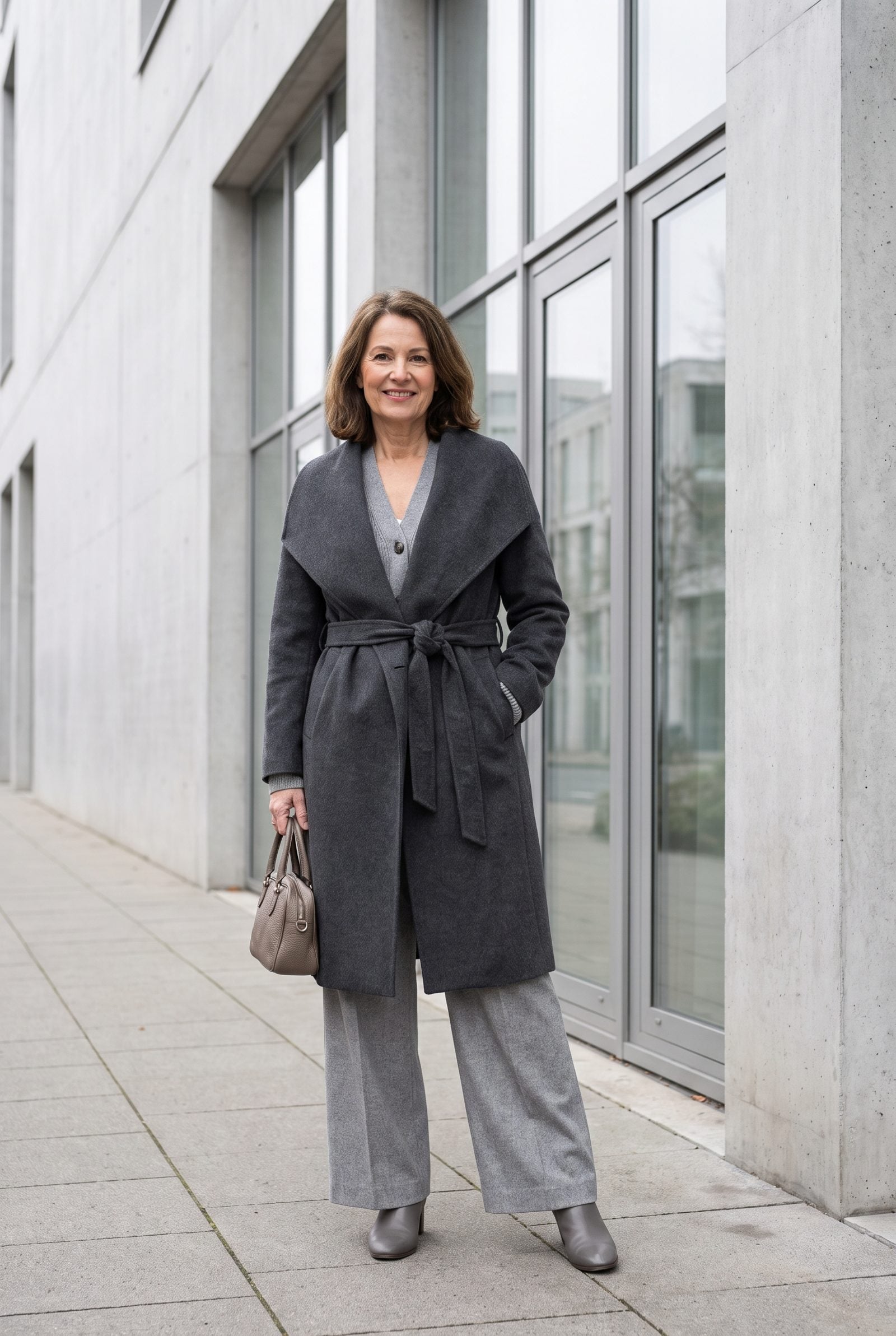 Gray Wrap Coat Over a Tonal Cardigan and Wide-Leg Trousers