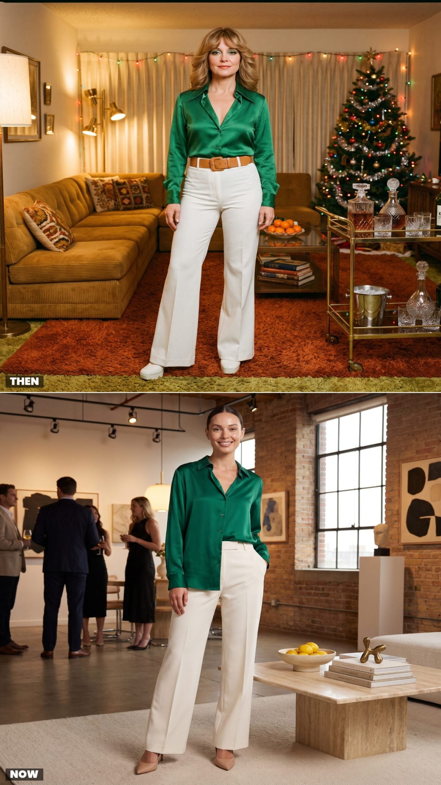 The Green Satin Shirt With White Flares