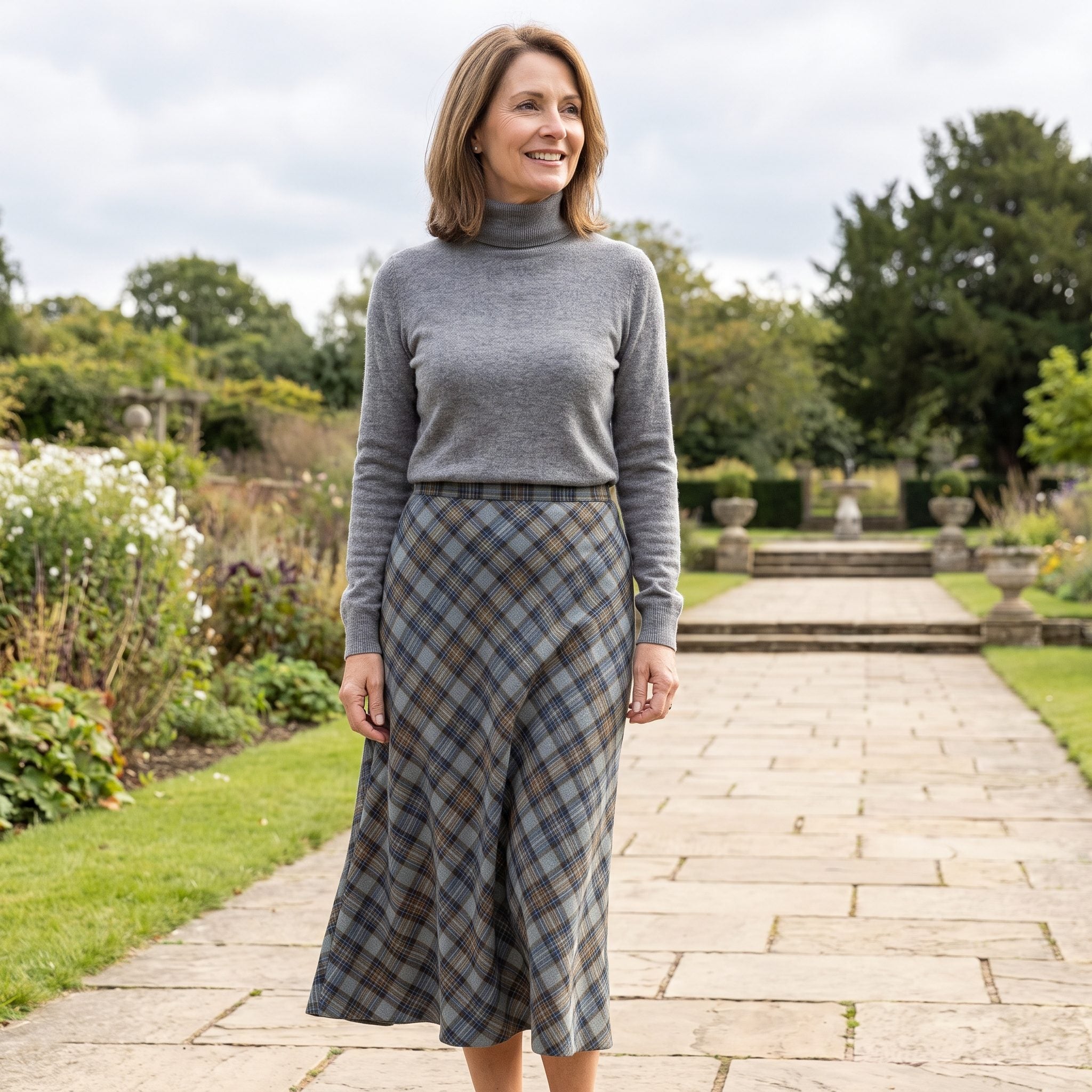 Heather-Gray Turtleneck With a Bias Plaid Skirt