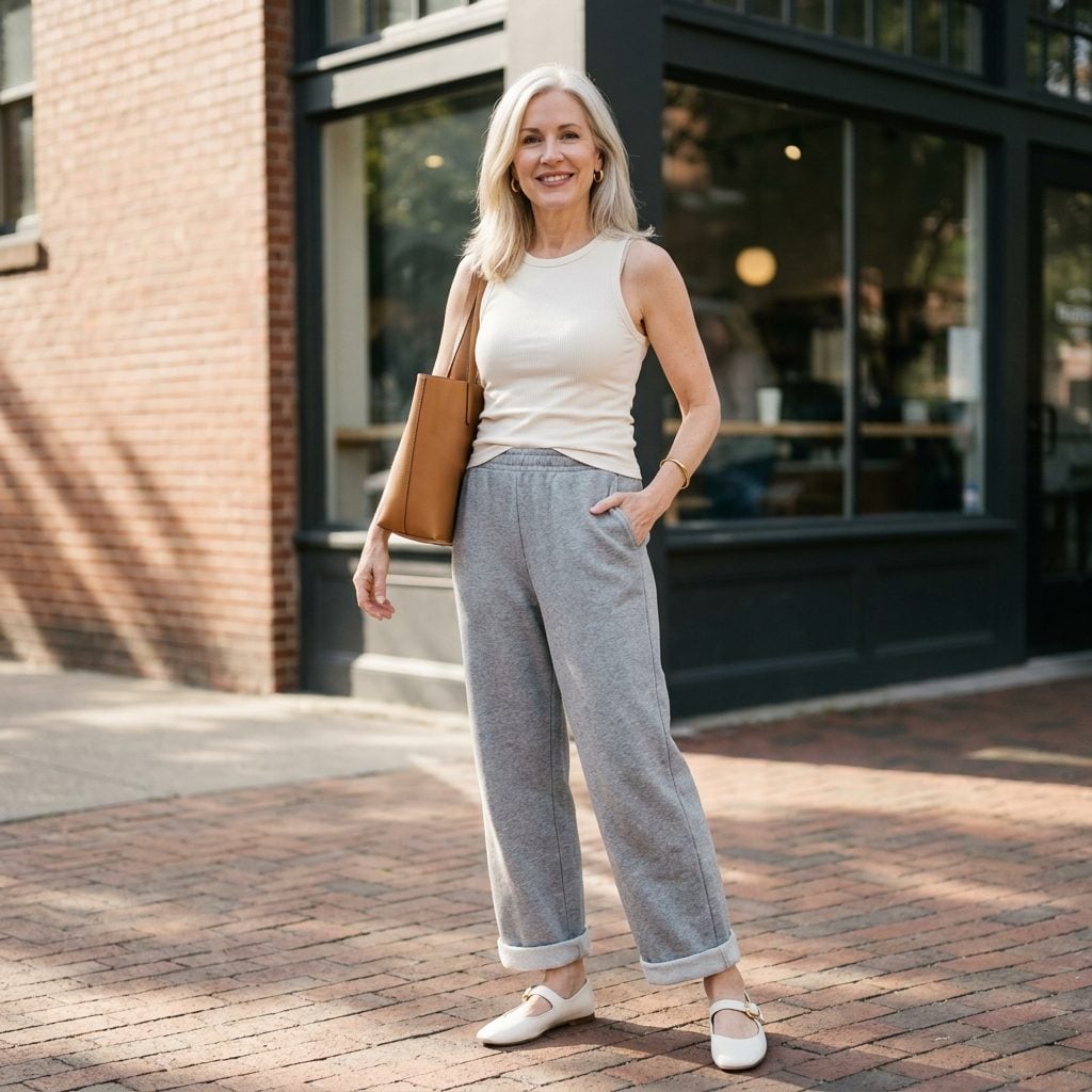 Heather Gray Wide-Leg Sweatpants + White Leather Mary Jane Flats