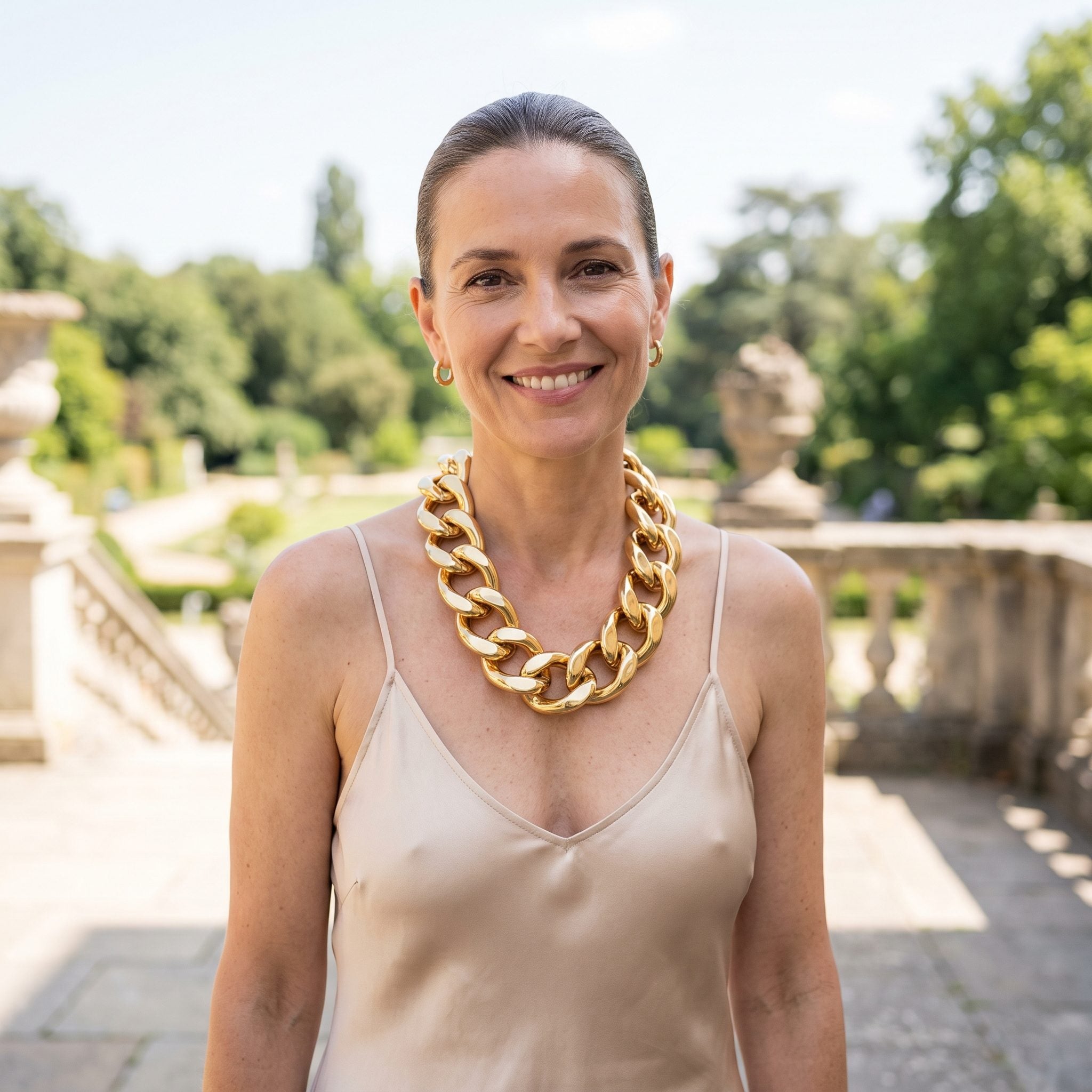 Woman in a champagne satin slip dress wearing an extremely thick sculptural gold-chain necklace over thin straps.