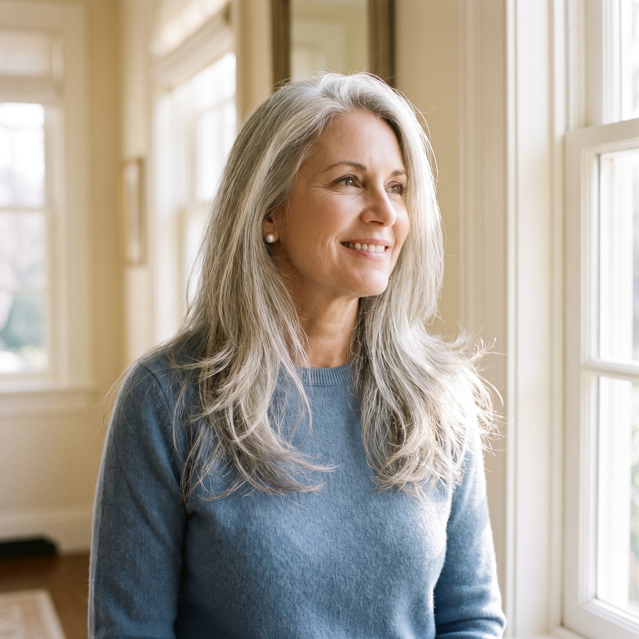Woman with long silver-gray hair whose heavily layered ends fade to sparse feathery wisps that appear see-through at the