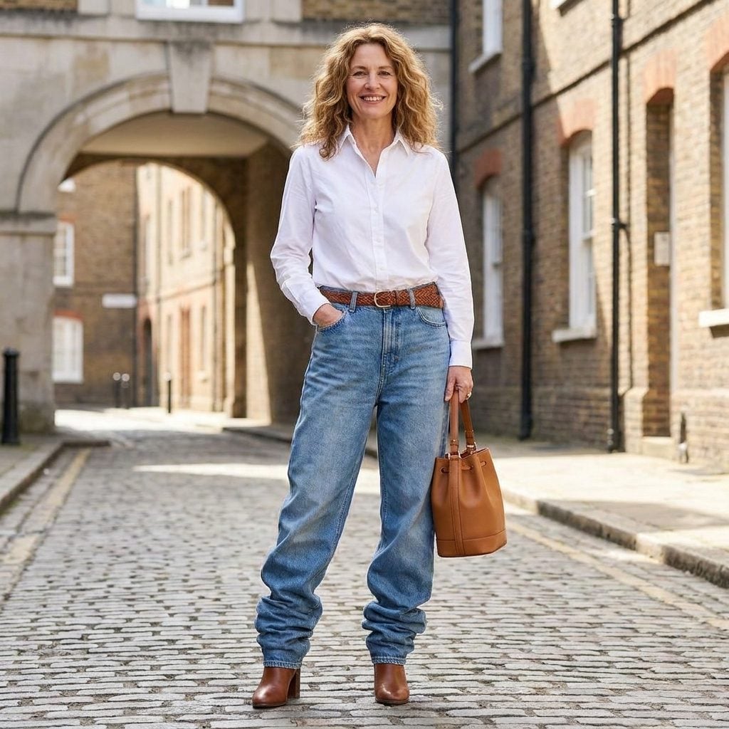 Woman in baggy light-wash jeans and a white shirt with heeled ankle boots hidden under denim that puddles to the floor.
