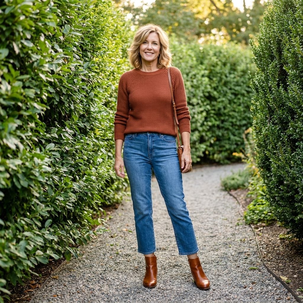 Woman in cropped jeans hitting mid-calf with a rust sweater and cognac ankle boots, hem landing at the widest point.
