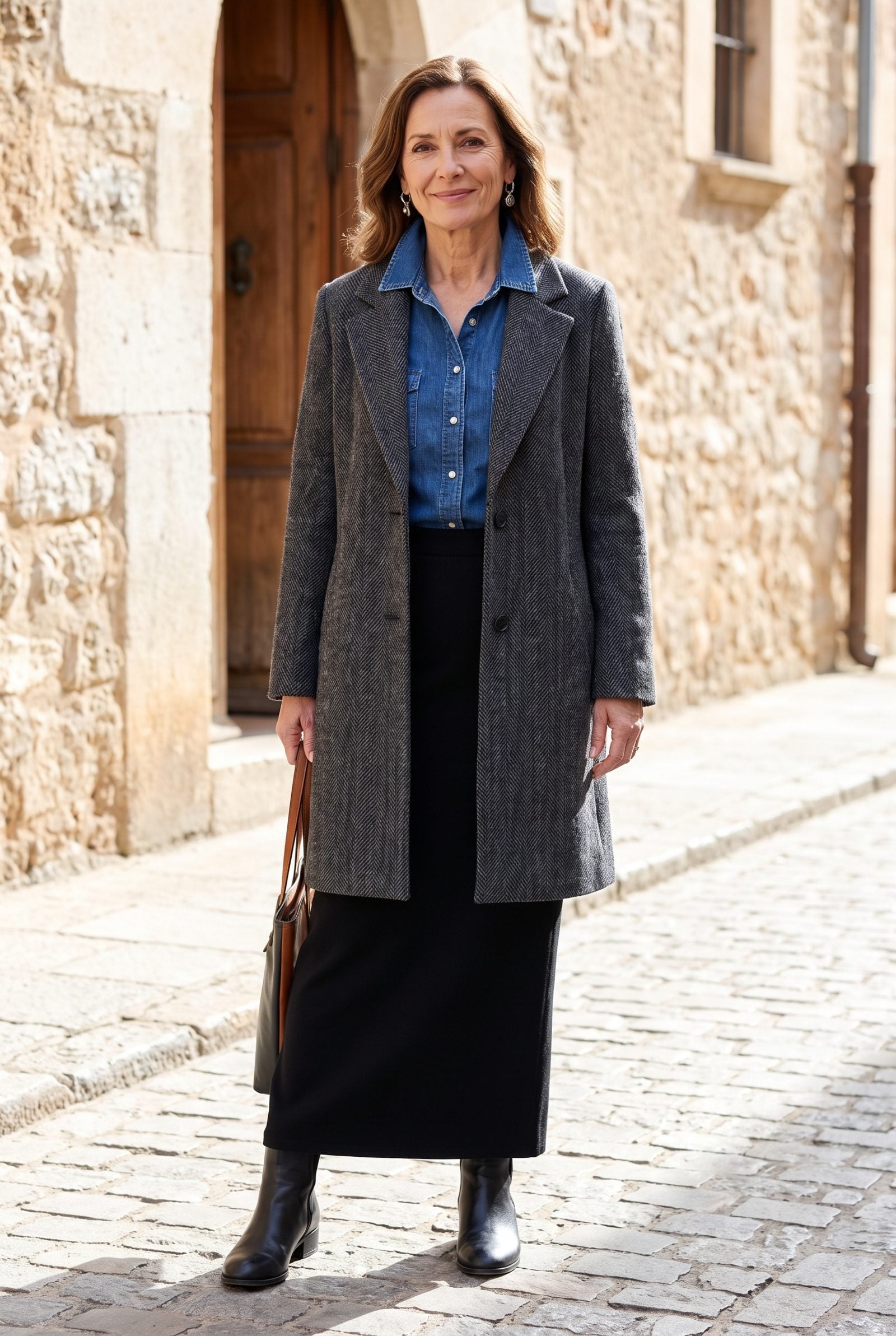 Herringbone Coat Over a Denim Shirt and Black Column Skirt
