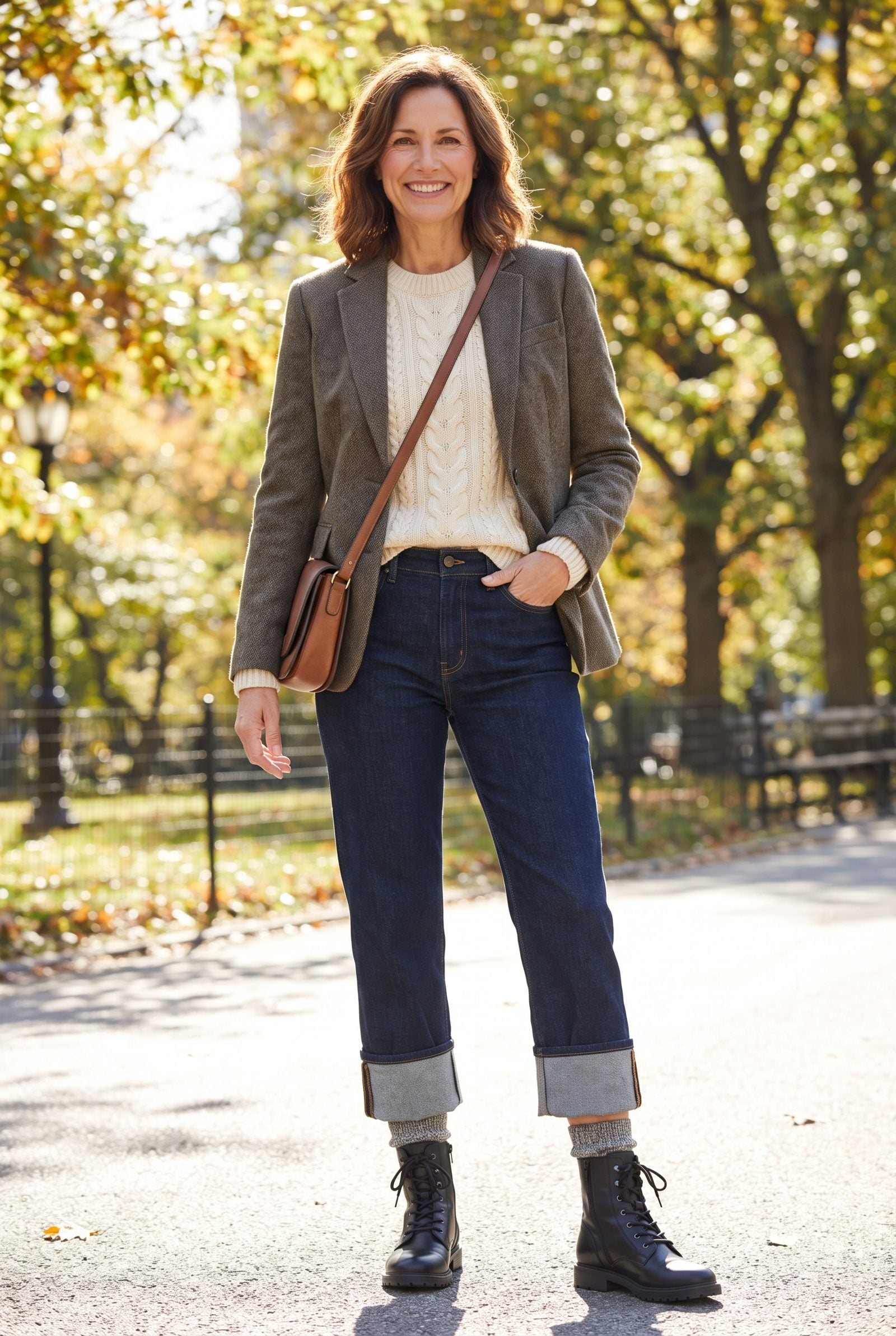 Woman in indigo jeans and rust corduroy jacket, high double denim roll leaving a bare shin gap above black combat boots.