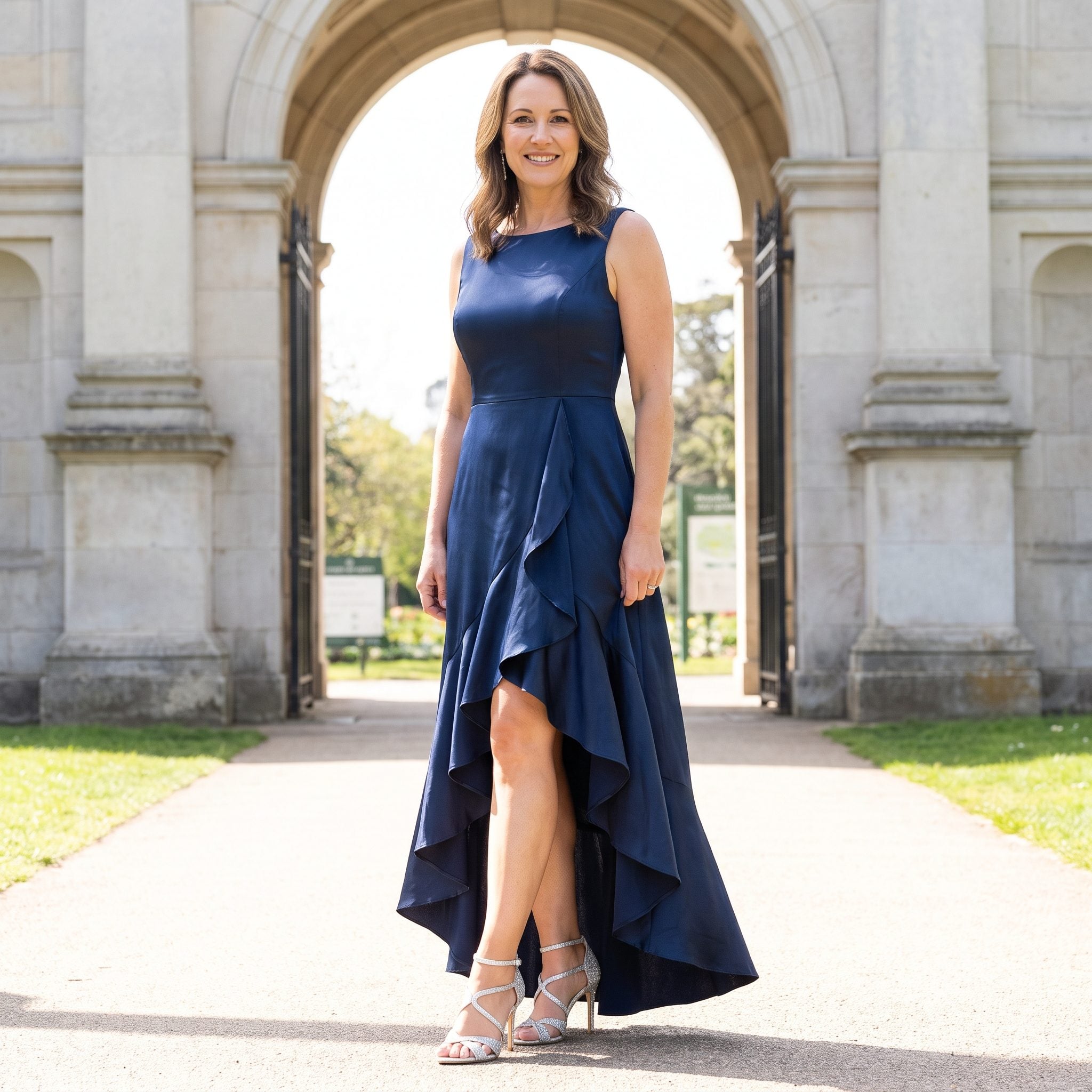 High-Low Evening Gown + Strappy Stilettos