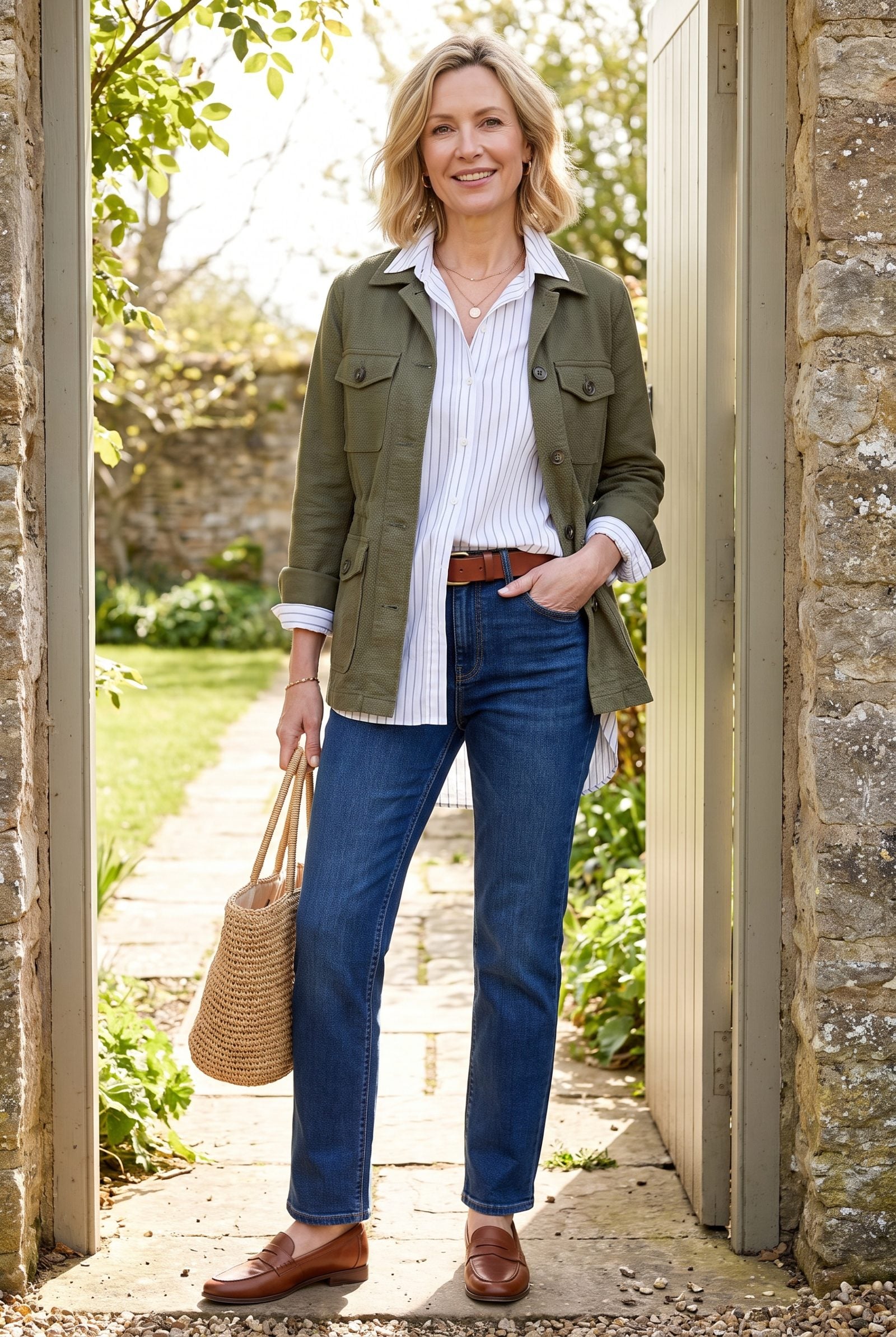Woman in a pink high-low shirt tucked into dark jeans, the longer back hem bunching into a thick roll across the lower back.