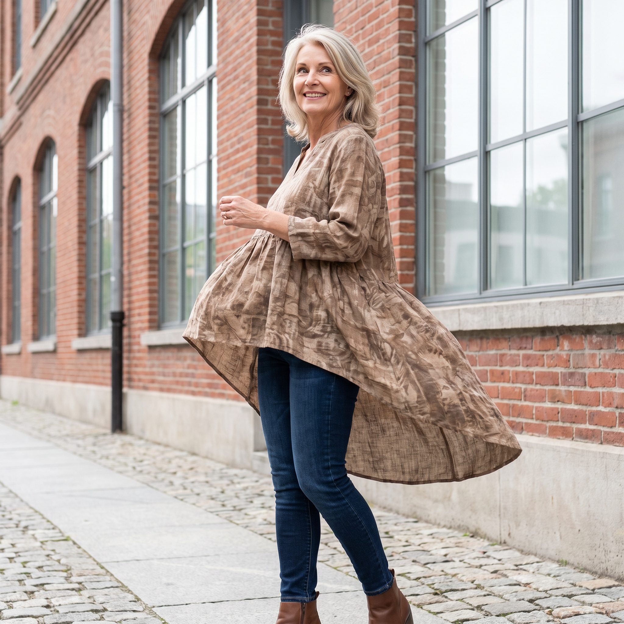 Woman in black skinny jeans and a plum high-low tunic with a short front hem and a long curved back hem.
