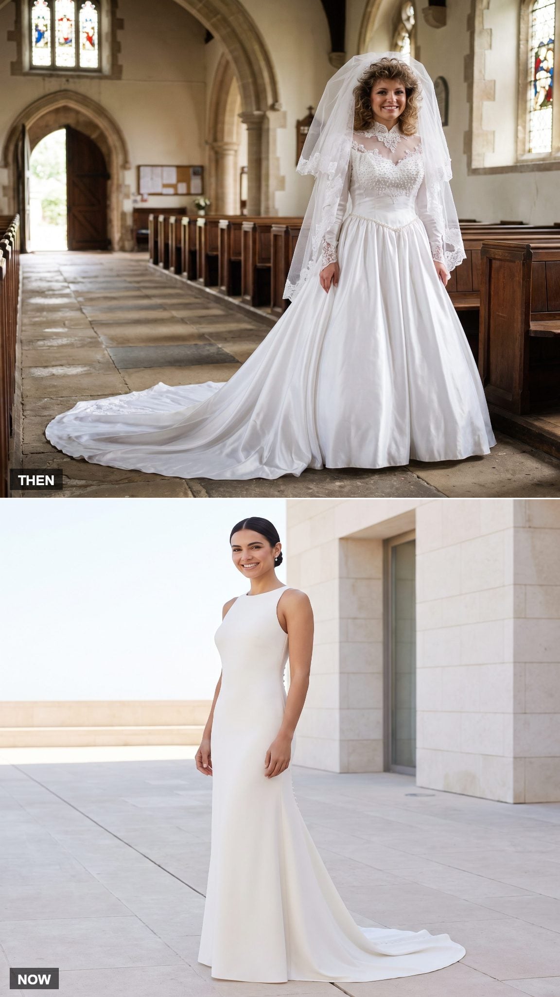 High-Neck Lace Cathedral Gown → Minimal High-Neck Column Gown