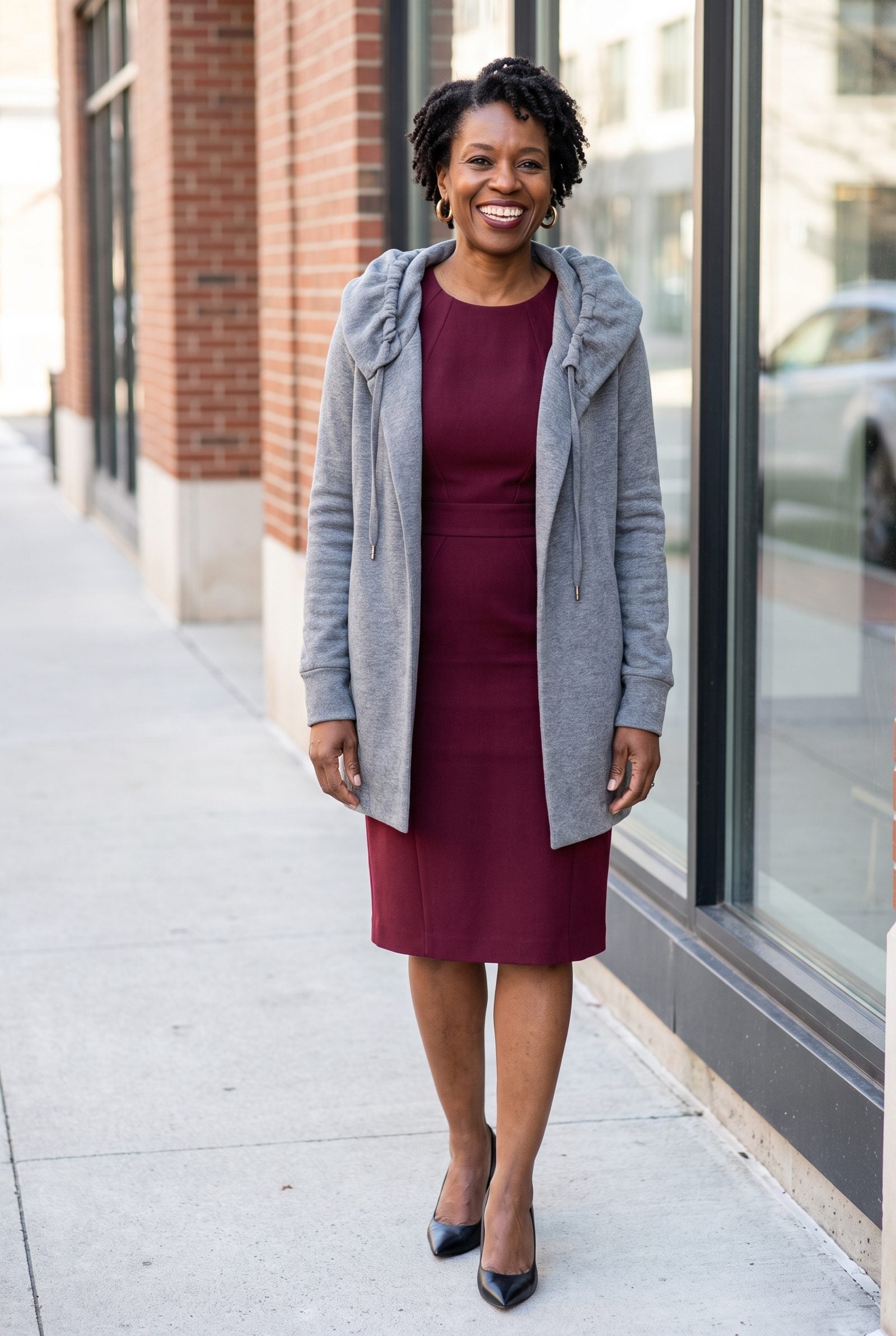 Woman in a burgundy structured sheath dress under a heather grey hooded cardigan whose bulky hood bunches over the tailored