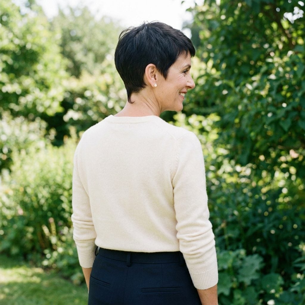 Woman with a short pixie shown from behind, an upward-growing swirl disrupting a sharp nape line.