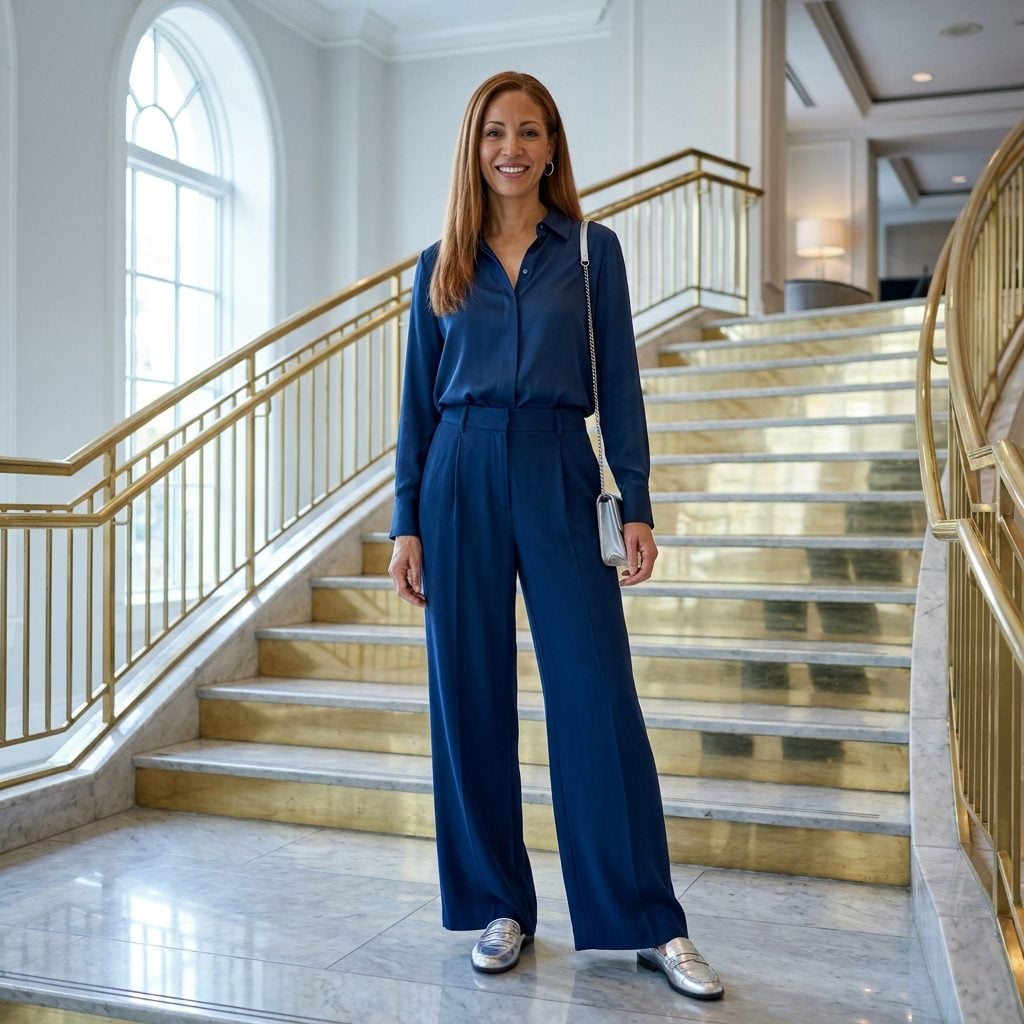 Ink Blue Wide-Leg Trousers + Metallic Silver Loafers