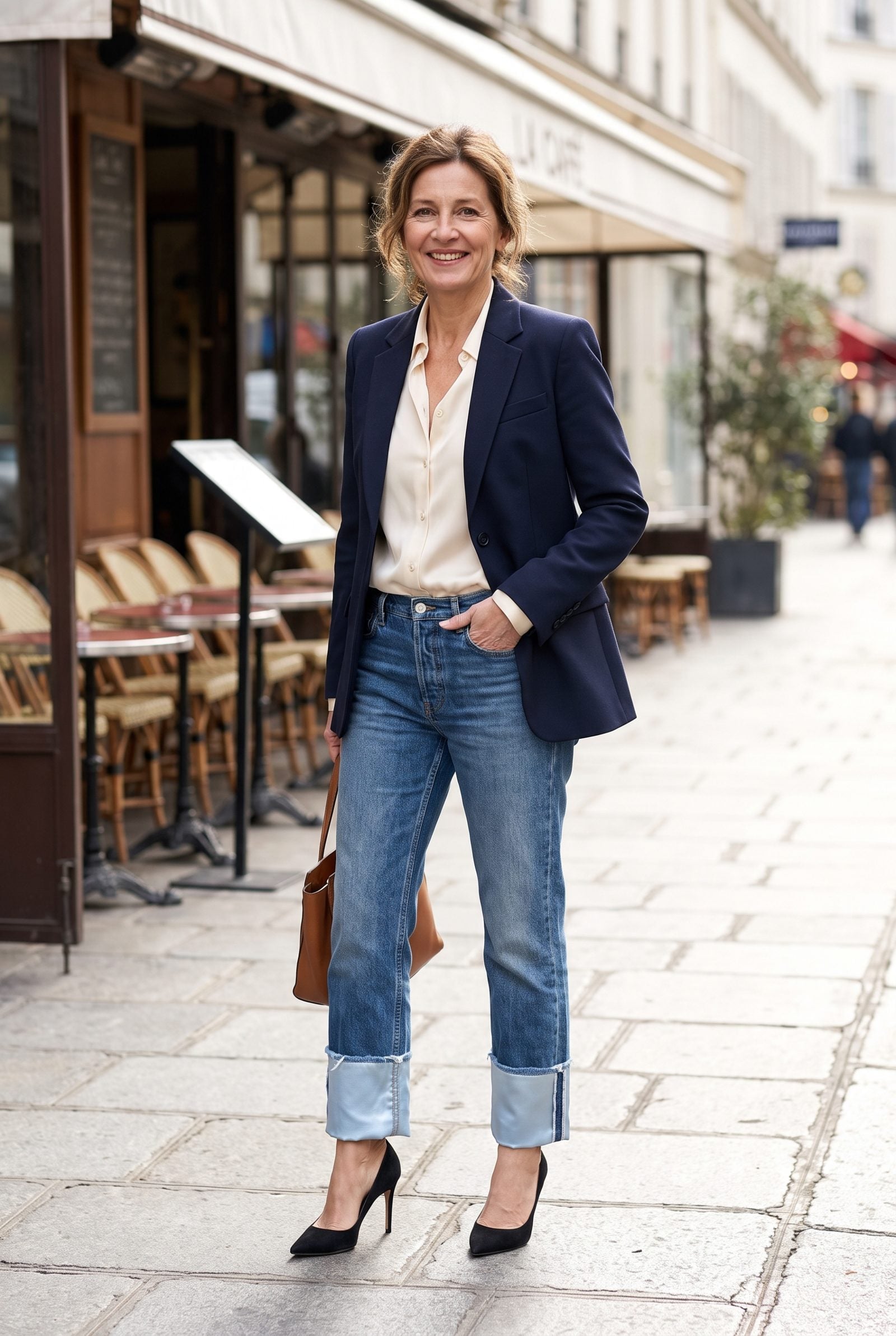Woman in mid-blue jeans, ivory blouse, and black patent slingback heels, jeans cuffed inside-out with the pale inner denim