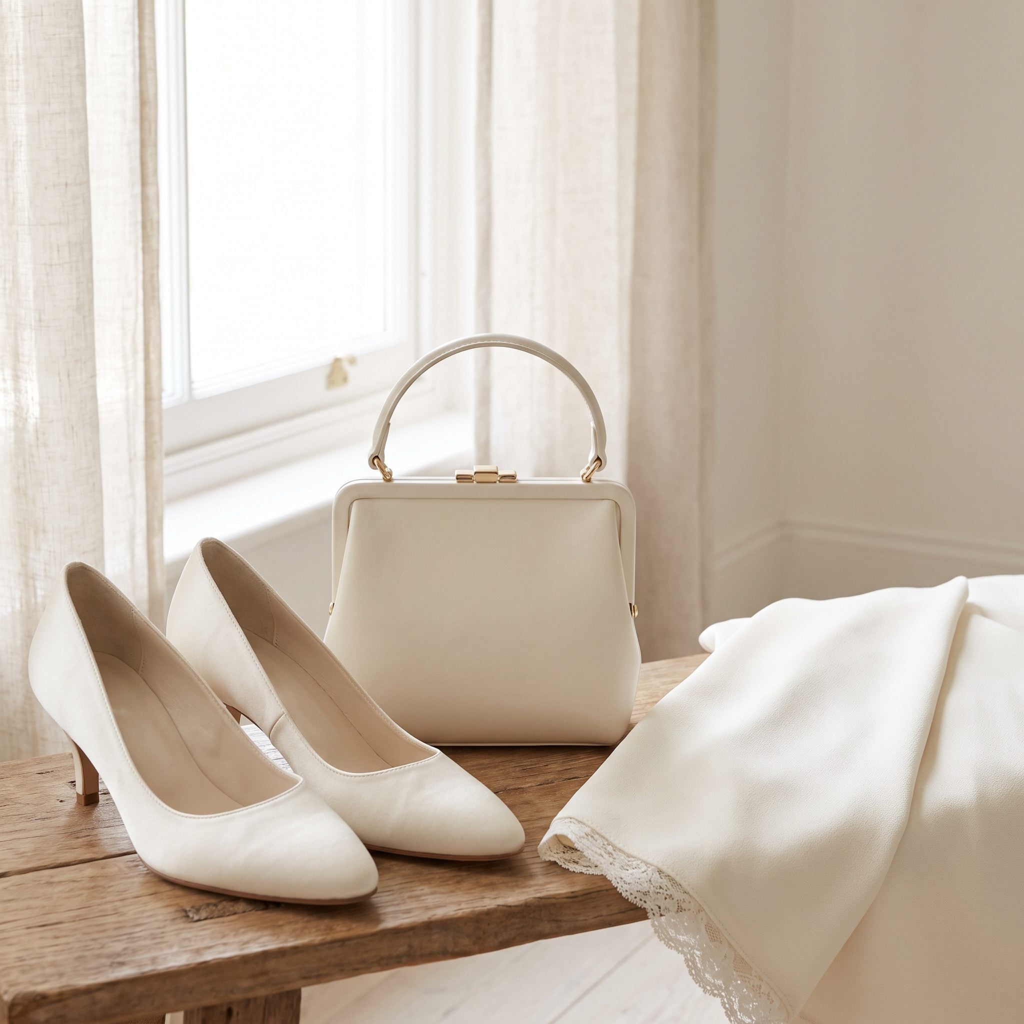 Ivory Kitten Heels + Ivory Top-Handle Purse