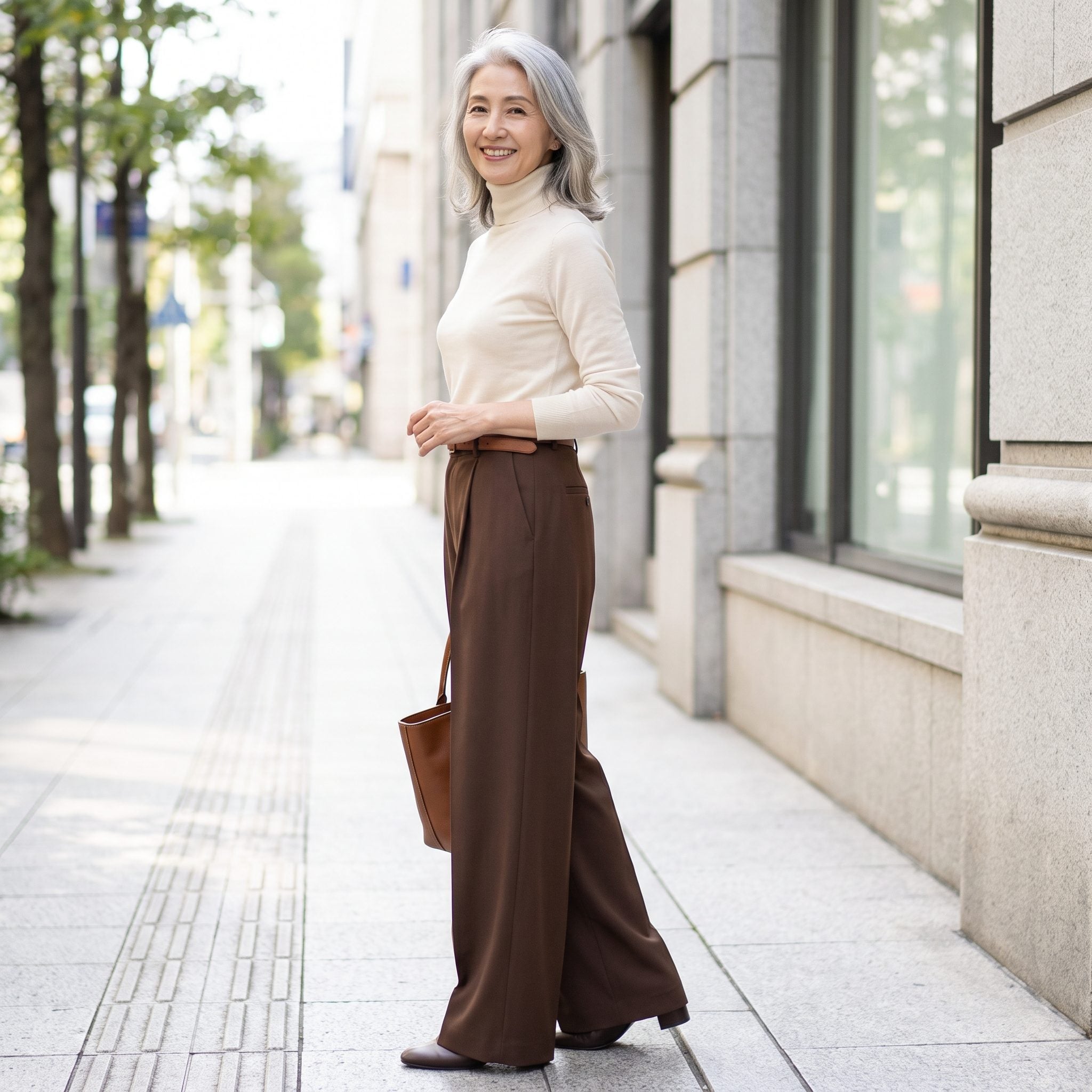 Ivory Turtleneck With Chocolate Wide-Leg Trousers