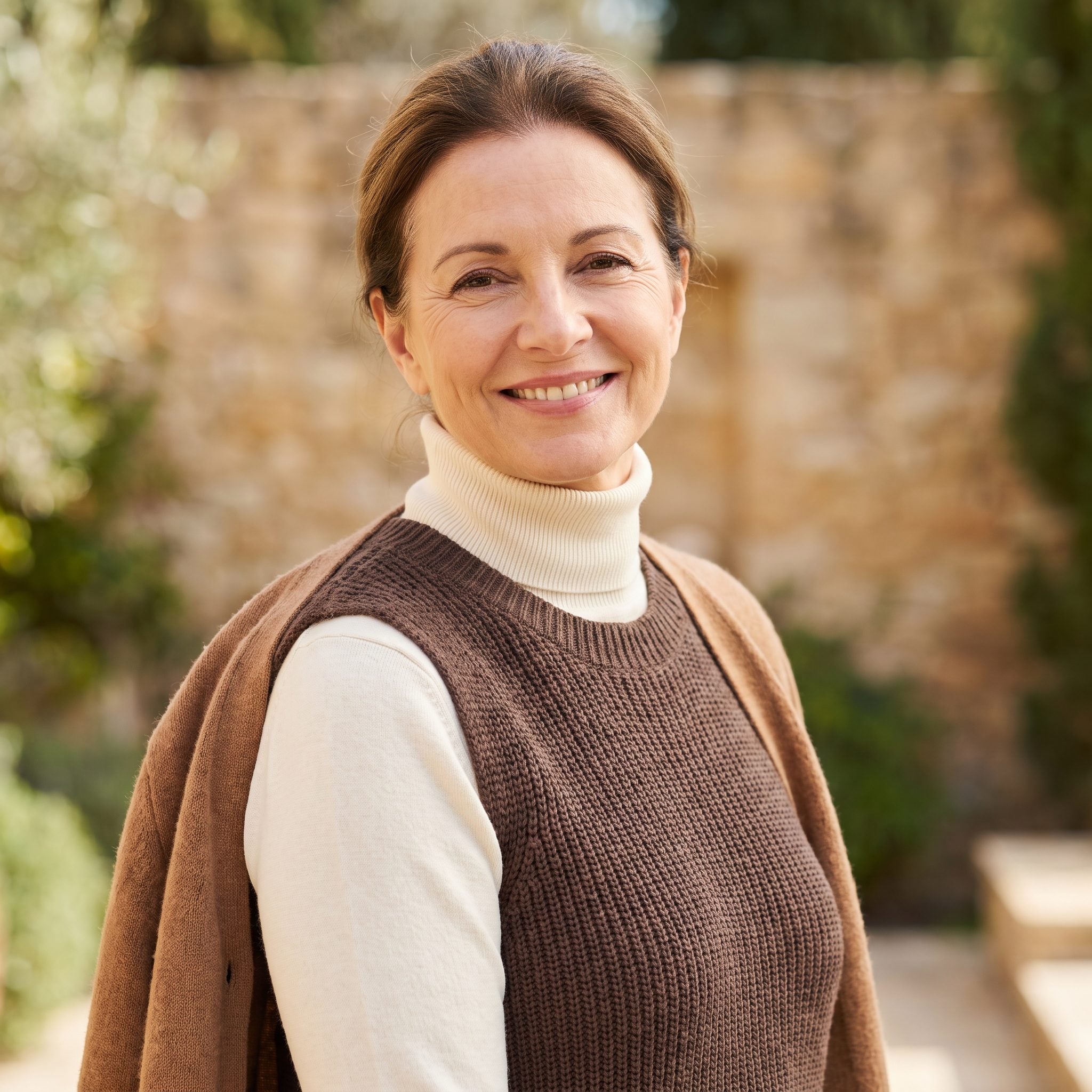 Ivory Turtleneck Under an Espresso Sweater Vest