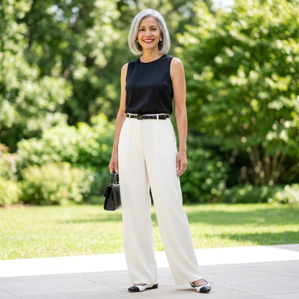 Ivory Wide-Leg Trousers + Black-and-White Spectator Flats