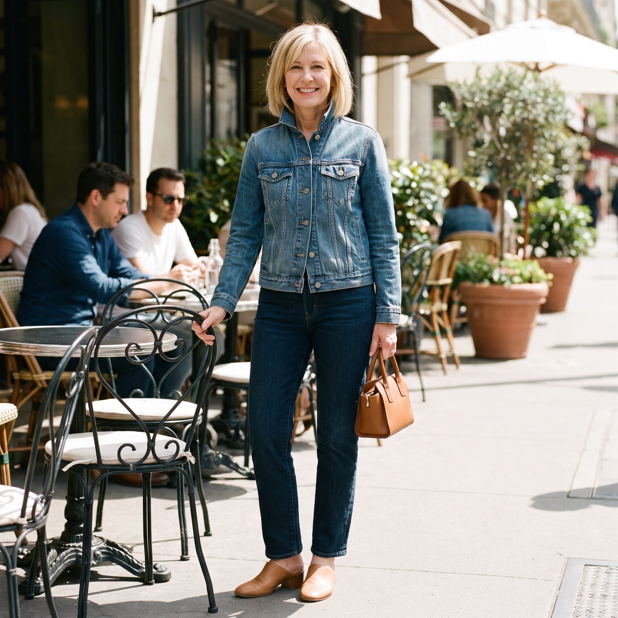 American woman in a mid-wash denim jacket buttoned to the collar with no visible layer underneath, worn over dark jeans.