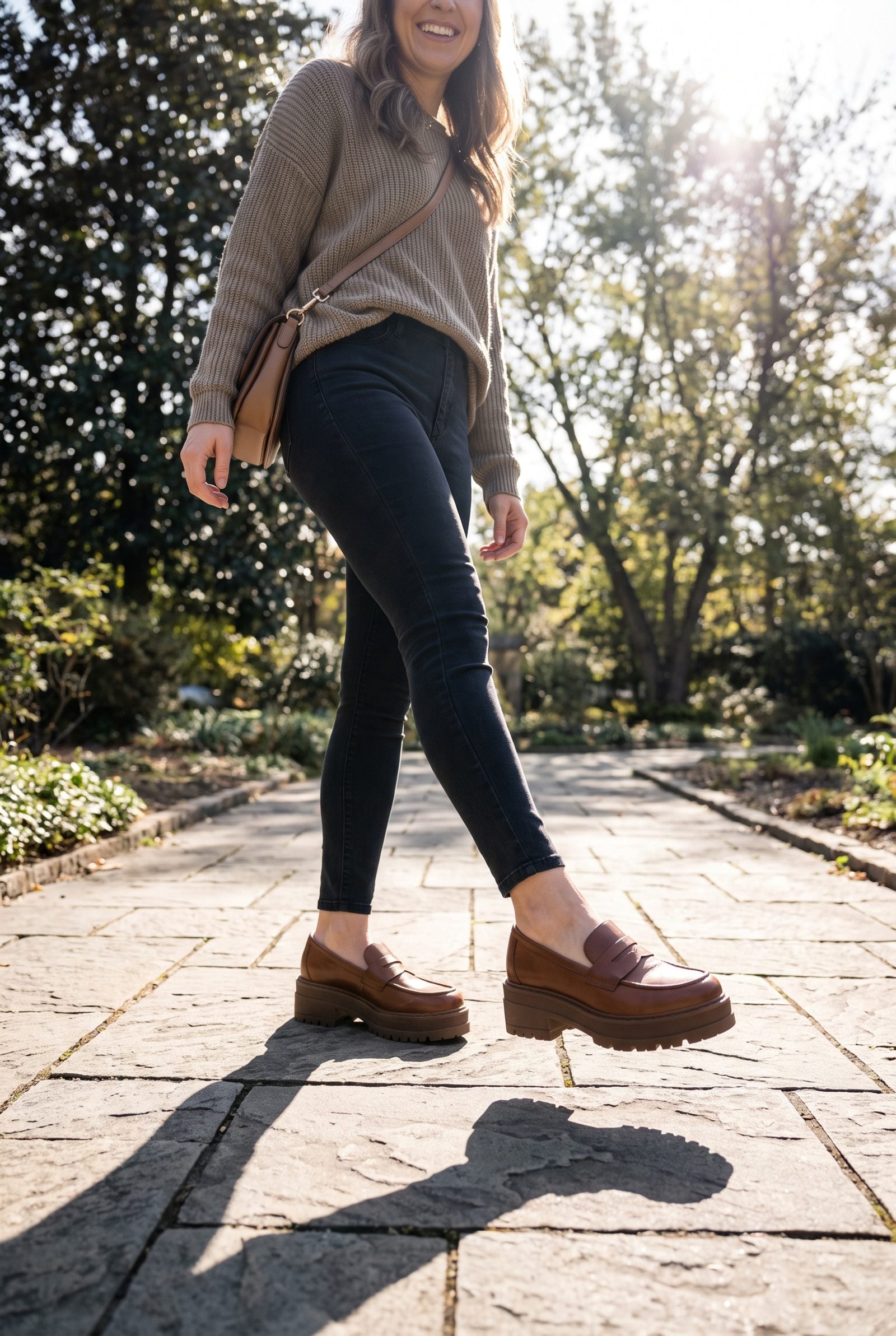 Woman in dark jeggings and oversized platform penny loafers on hotel steps.