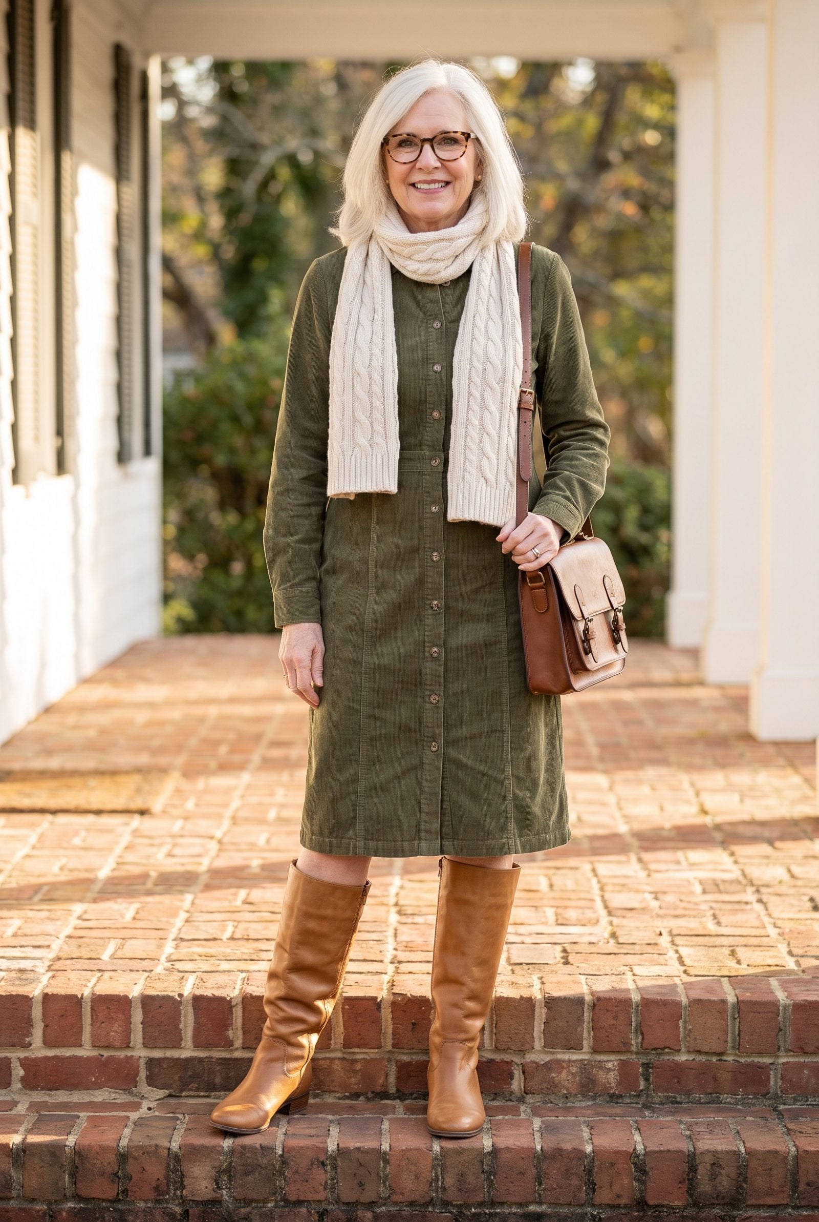 Woman in an olive corduroy midi dress and tan knee boots, the two boot shafts sitting at different heights on her calves.