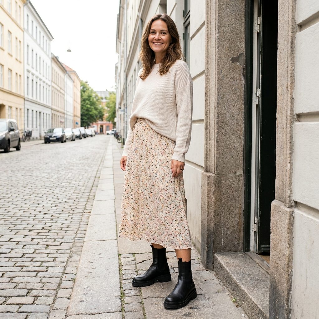 Knee-Length Patterned Skirt Anchored to Heavy Black Ankle Boots